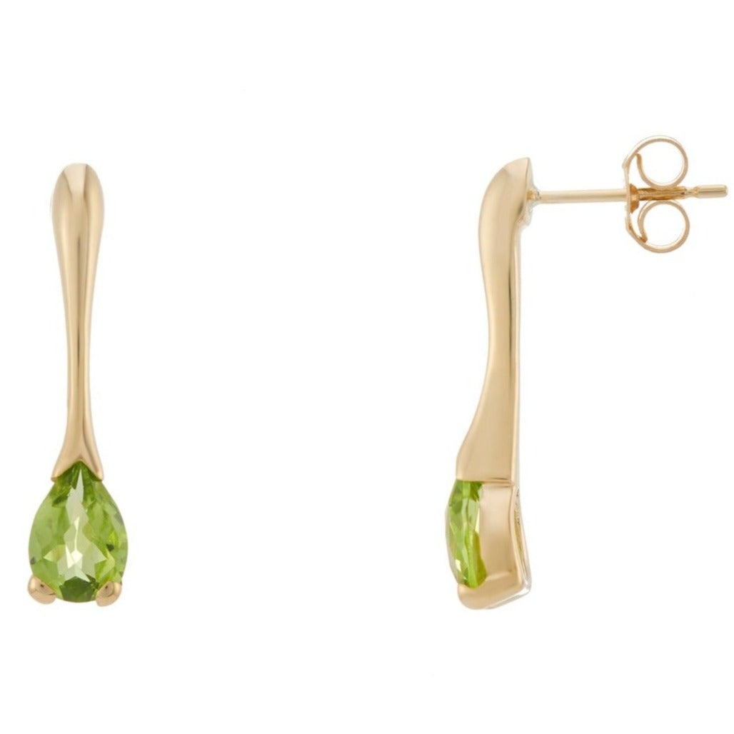 9ct gold 7x5mm pear shape peridot long drop earrings