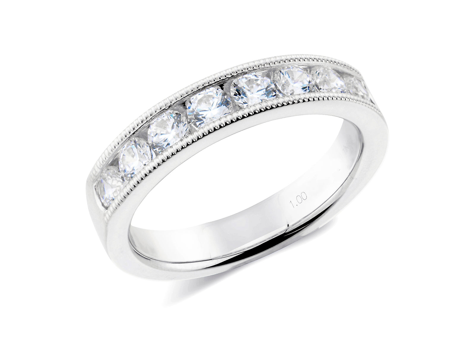 1.00ct channel set brilliant cut diamond milgrain edge band ring