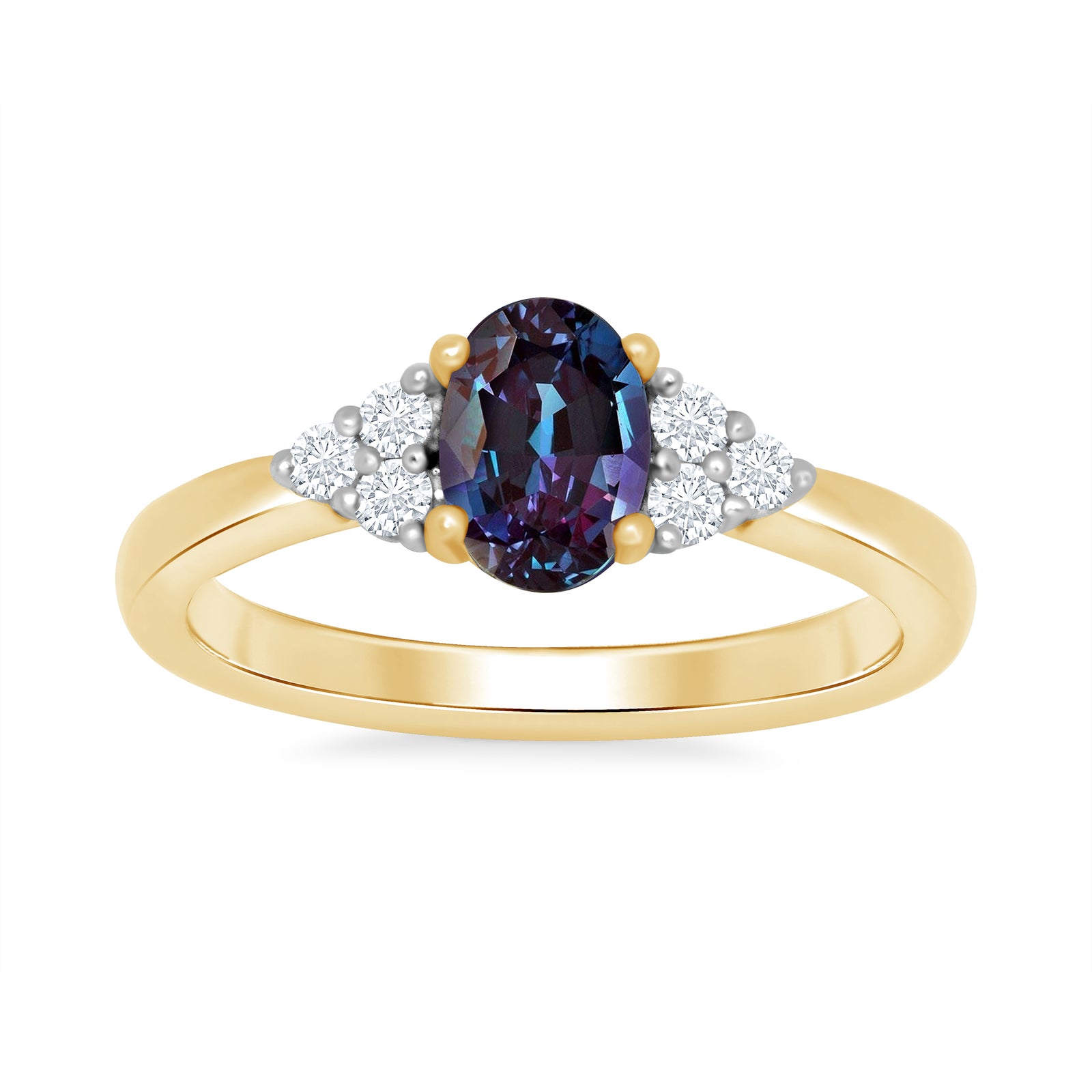 9ct gold 7x5 oval lab created alexandrite & 3 E/VS diamonds each side ring 0.15cts LG