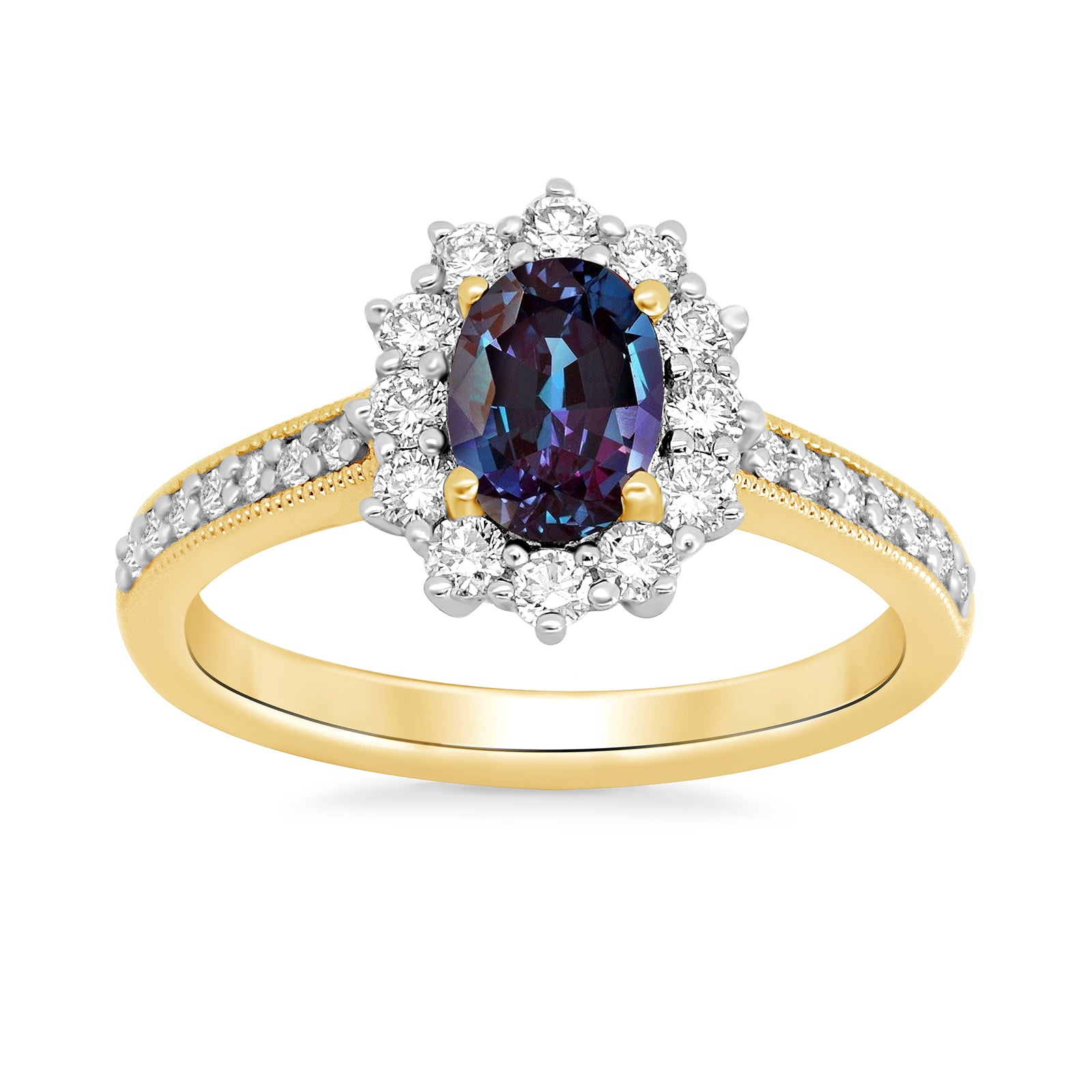 9ct gold 7x5 oval lab created alexandrite & E/VS diamond shoulders cluster ring 0.50cts LG
