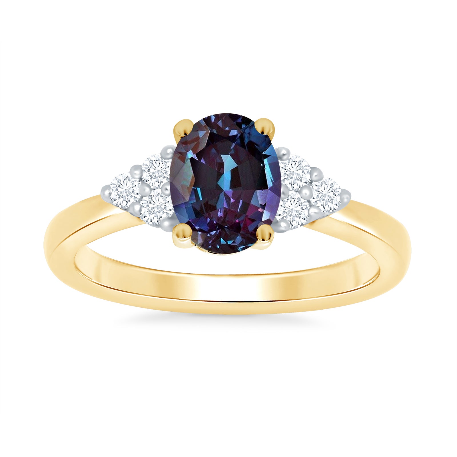 9ct gold 8x6 oval lab created alexandrite & 3 E/VS diamonds each side ring 0.15cts LG