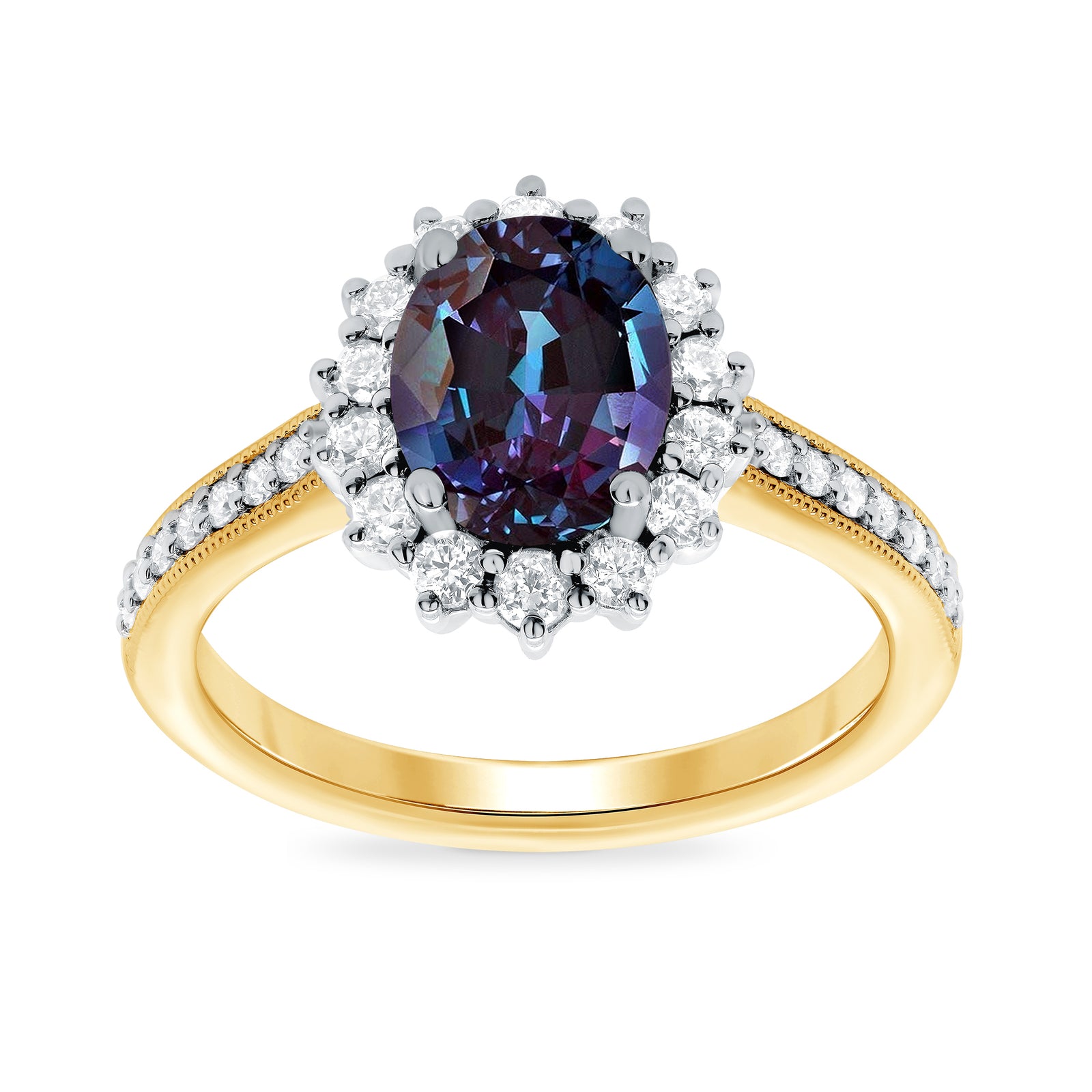 9ct gold 8x6 oval lab created alexandrite & E/VS diamond shoulders cluster ring 0.50cts LG