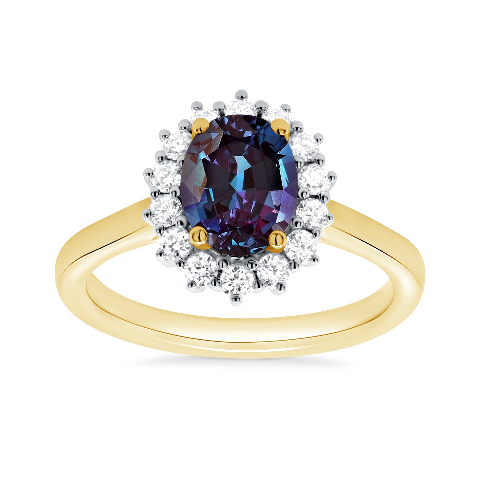 9ct gold 8x6 oval lab grown alexandrite & lab grown diamond cluster ring 0.36cts E/VS