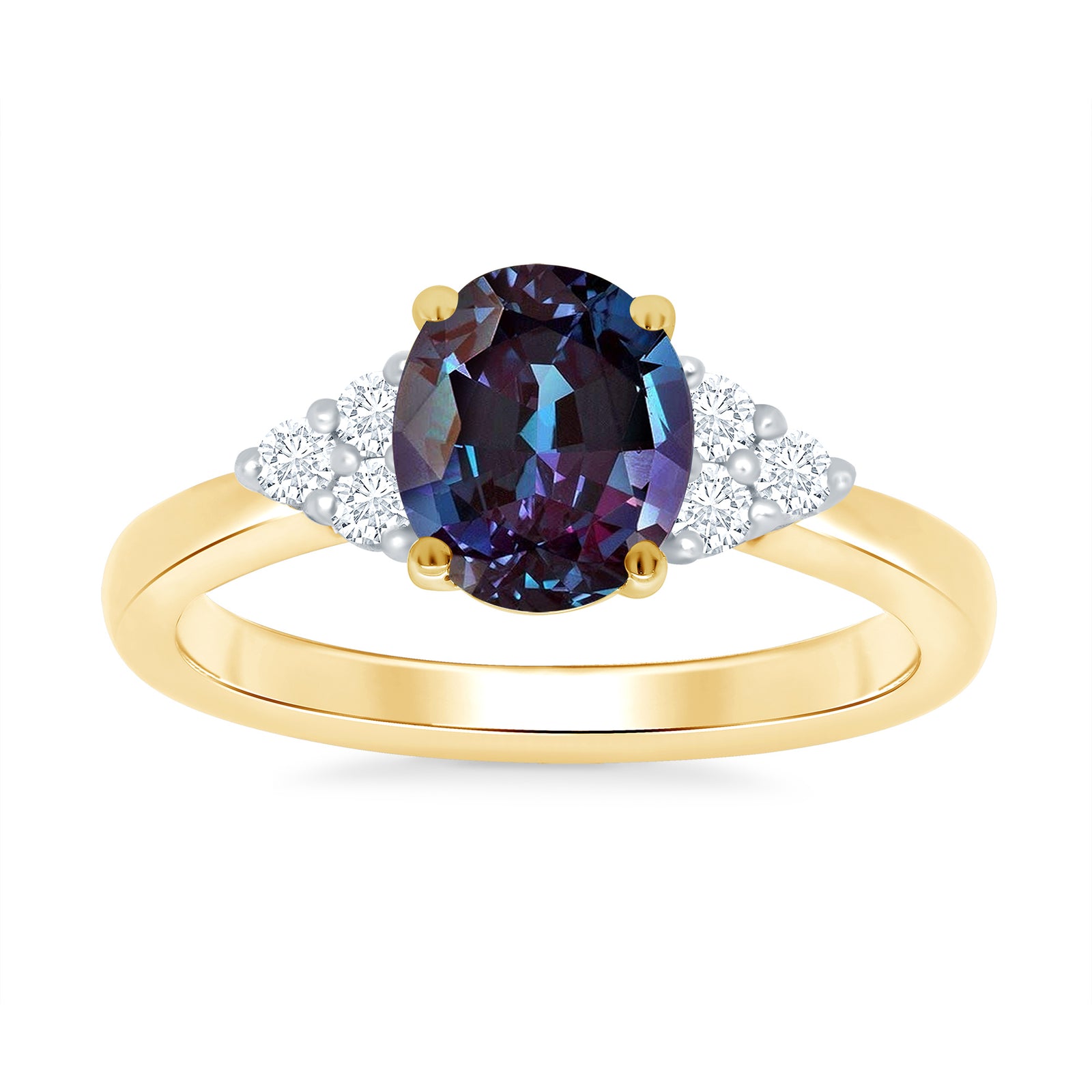 9ct gold 9x7 oval lab created alexandrite & 3 E/VS diamonds each side ring 0.15cts LG