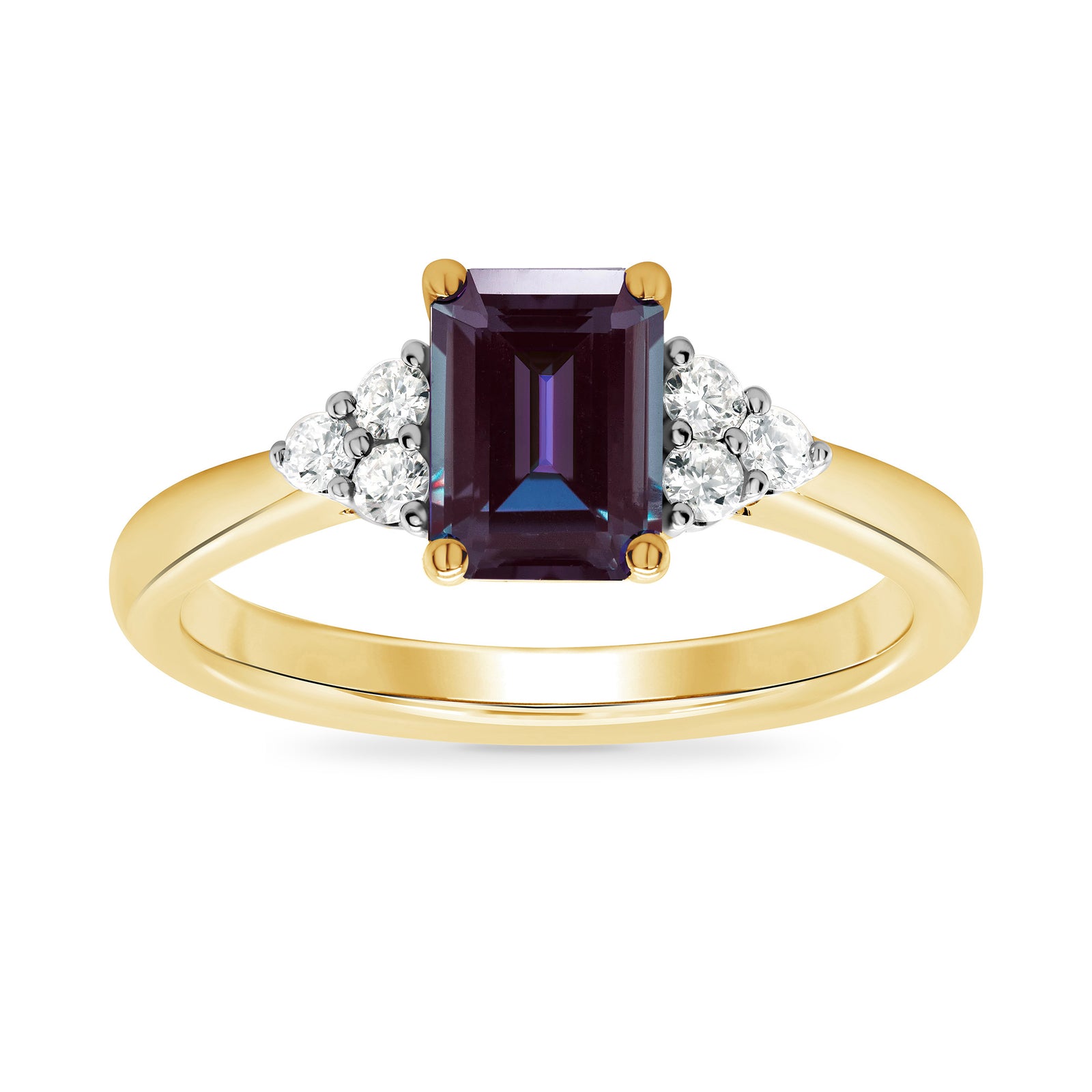 9ct gold 7x5 octagonal lab created alexandrite & 3 E/VS diamonds each side ring 0.15cts LG