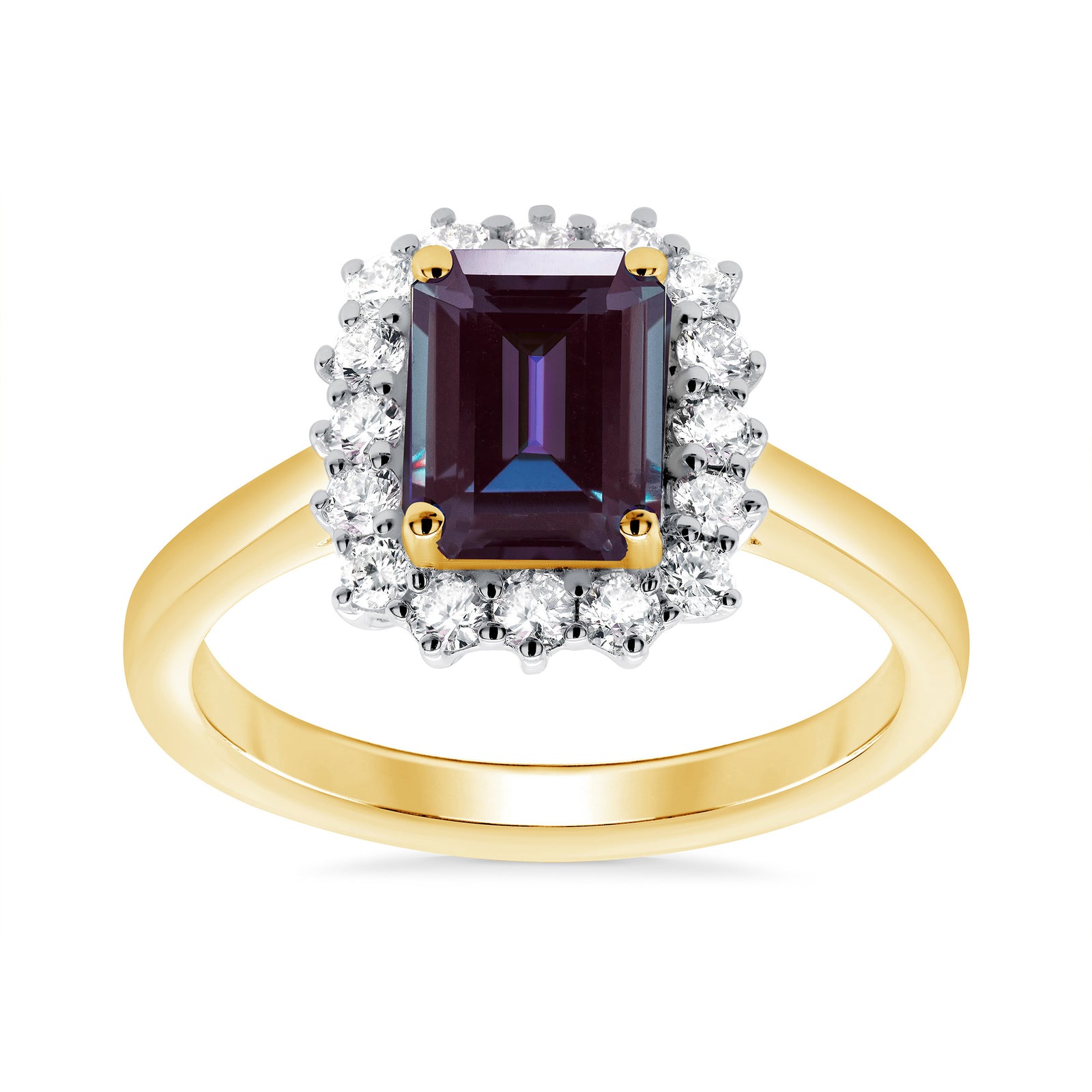 9ct gold 8x6 octagonal lab created alexandrite & E/VS diamond cluster ring 0.40cts LG