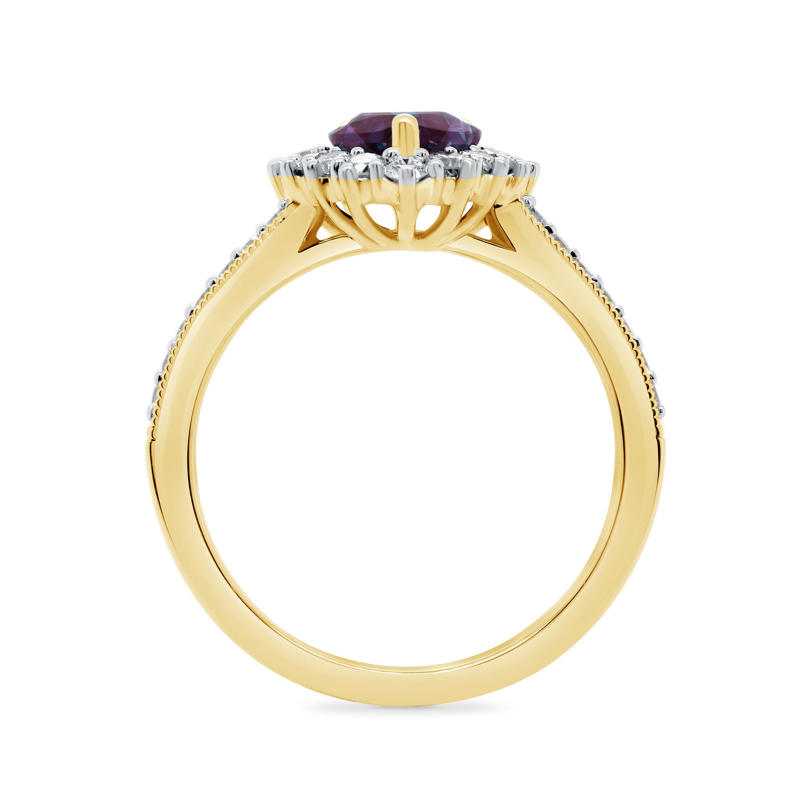 9ct gold 7x5 pear lab created alexandrite & E/VS diamond shoulders cluster ring 0.50cts LG