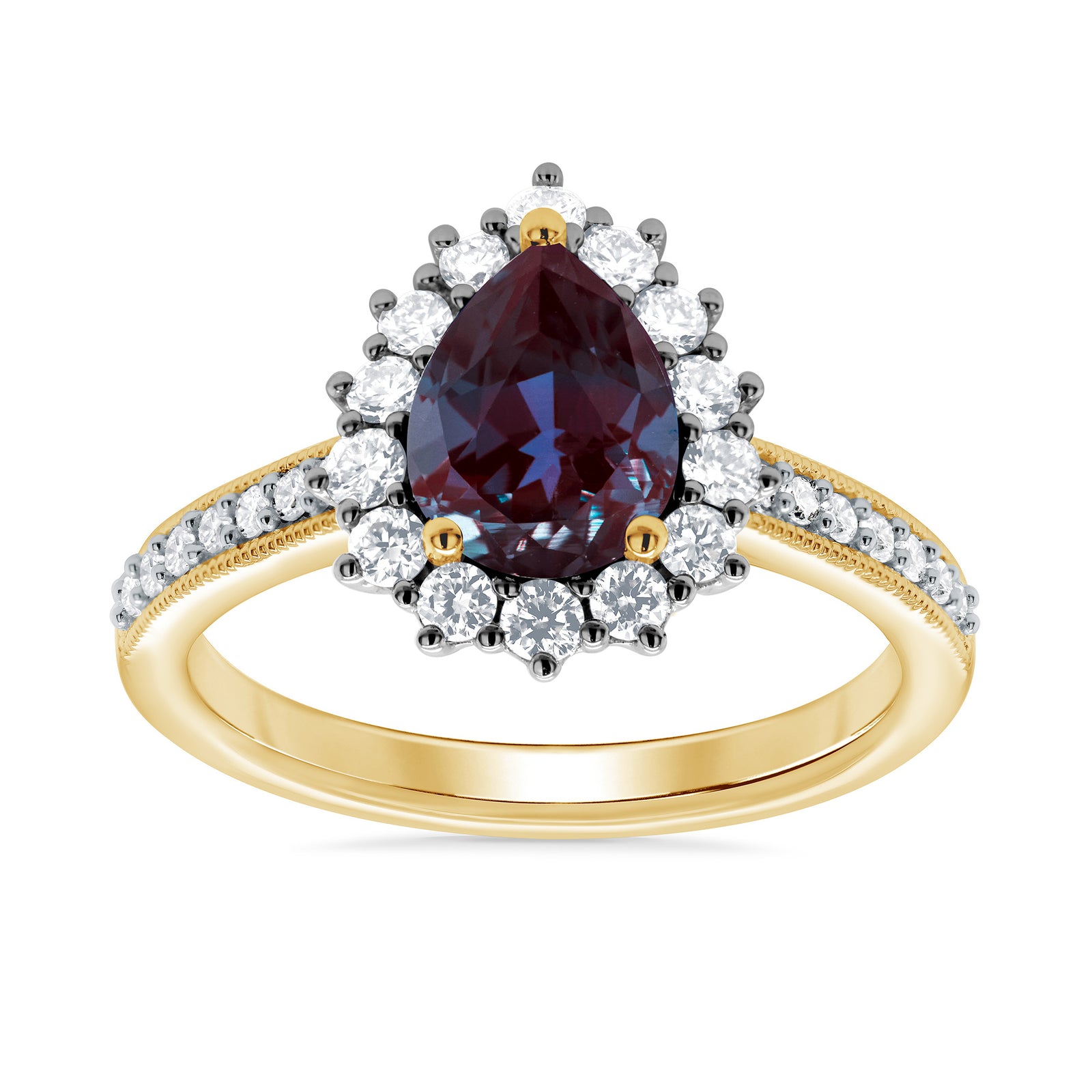 9ct gold 8x6 pear lab created alexandrite & E/VS diamond shoulders cluster ring 0.50cts LG