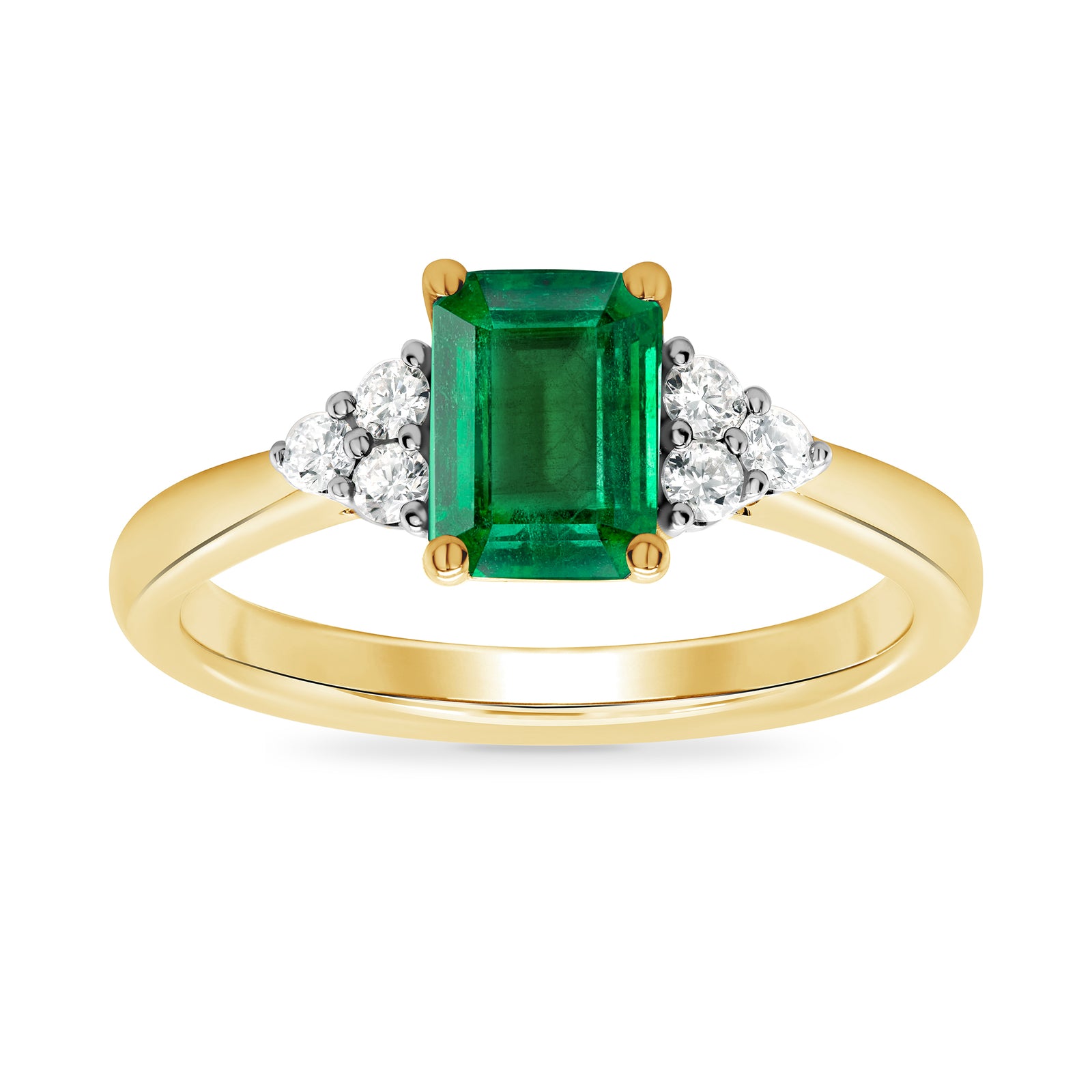 9ct gold 7x5 octagonal lab created Emerald & 3 E/VS diamonds each side ring 0.15cts LG