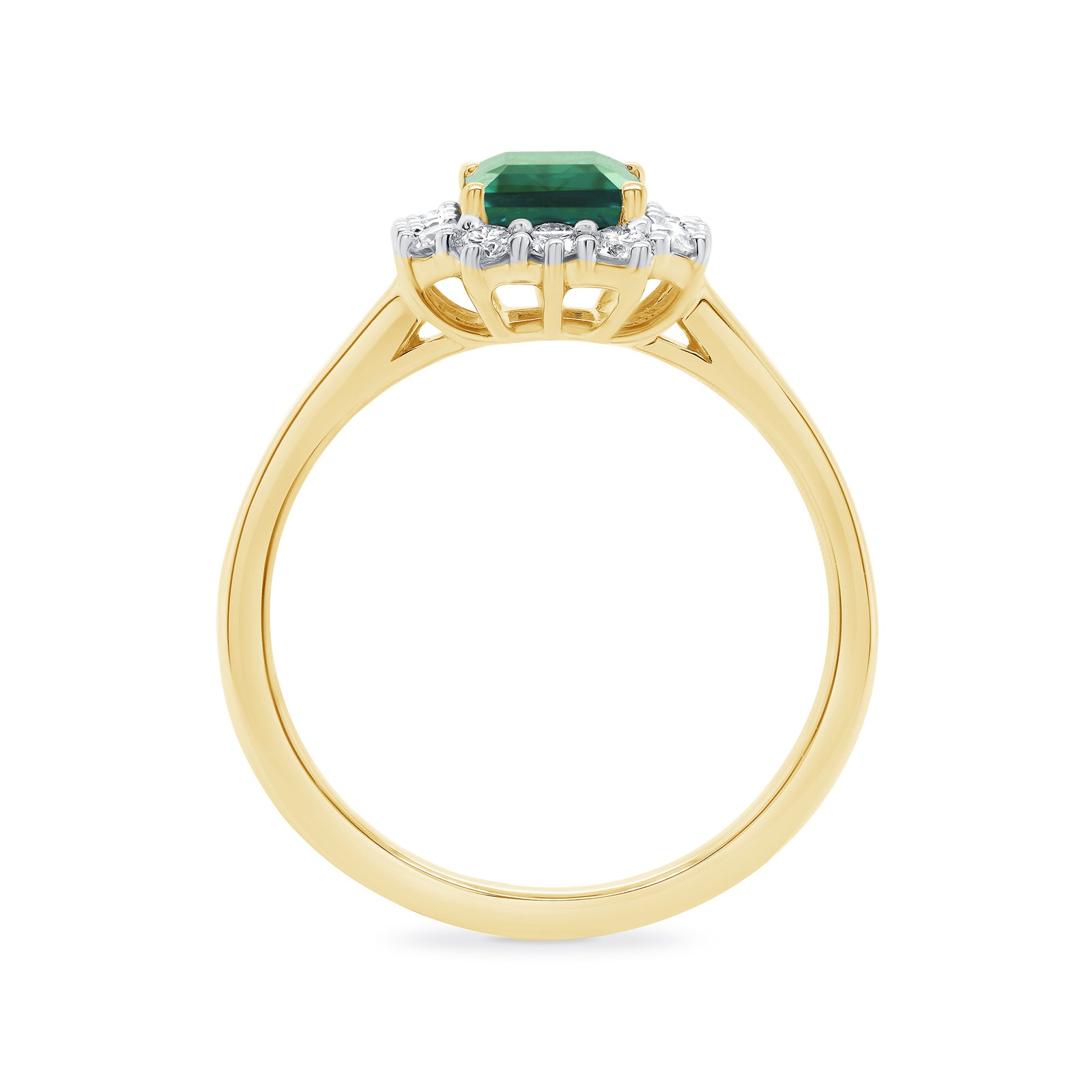 9ct gold 8x6 octagonal lab created emerald & E/VS diamond cluster ring 0.40cts LG