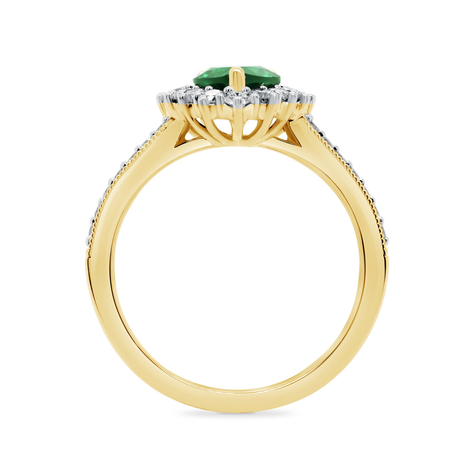 9ct gold 7x5 pear lab created emerald & E/VS diamond shoulders cluster ring 0.50cts LG