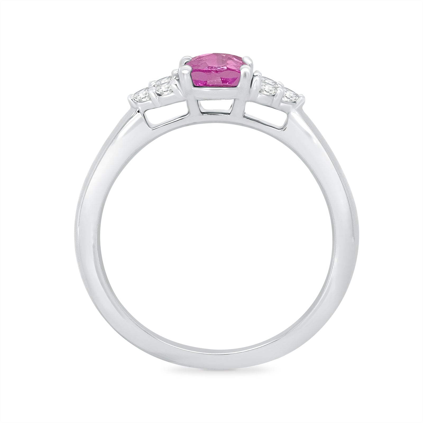 9ct White gold 7x5 oval lab created pink sapphire & E/VS 3 diamonds each side ring 0.15cts LG