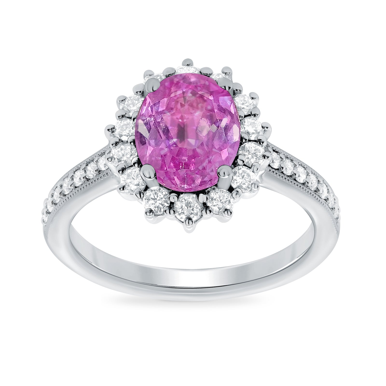 9ct white gold 9x7 oval lab created pink sapphire & E/VS diamond shoulders cluster ring 0.50cts LG