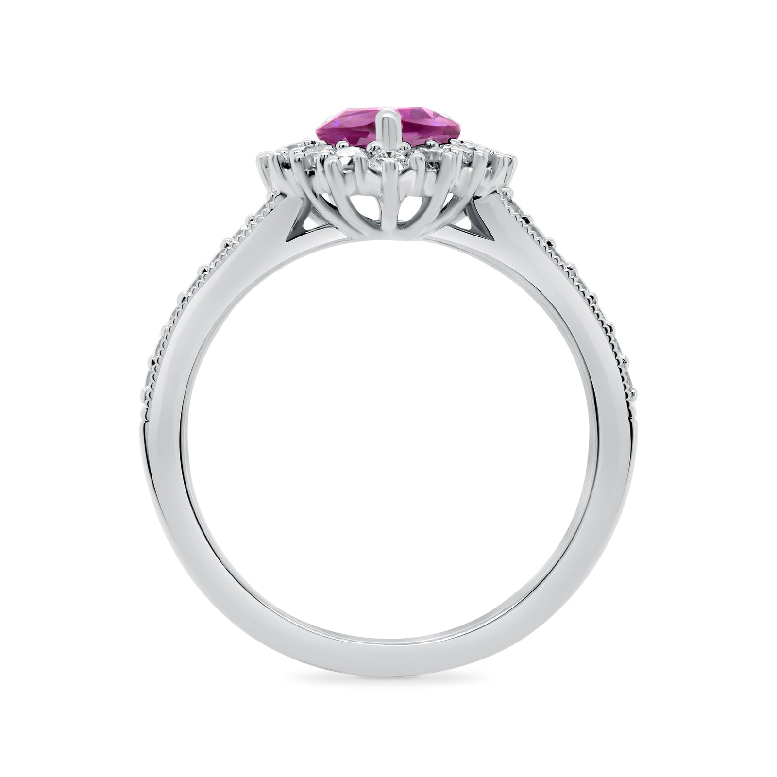9ct White gold 7x5 pear lab created pink sapphire & E/VS diamond shoulders & cluster ring 0.50cts LG