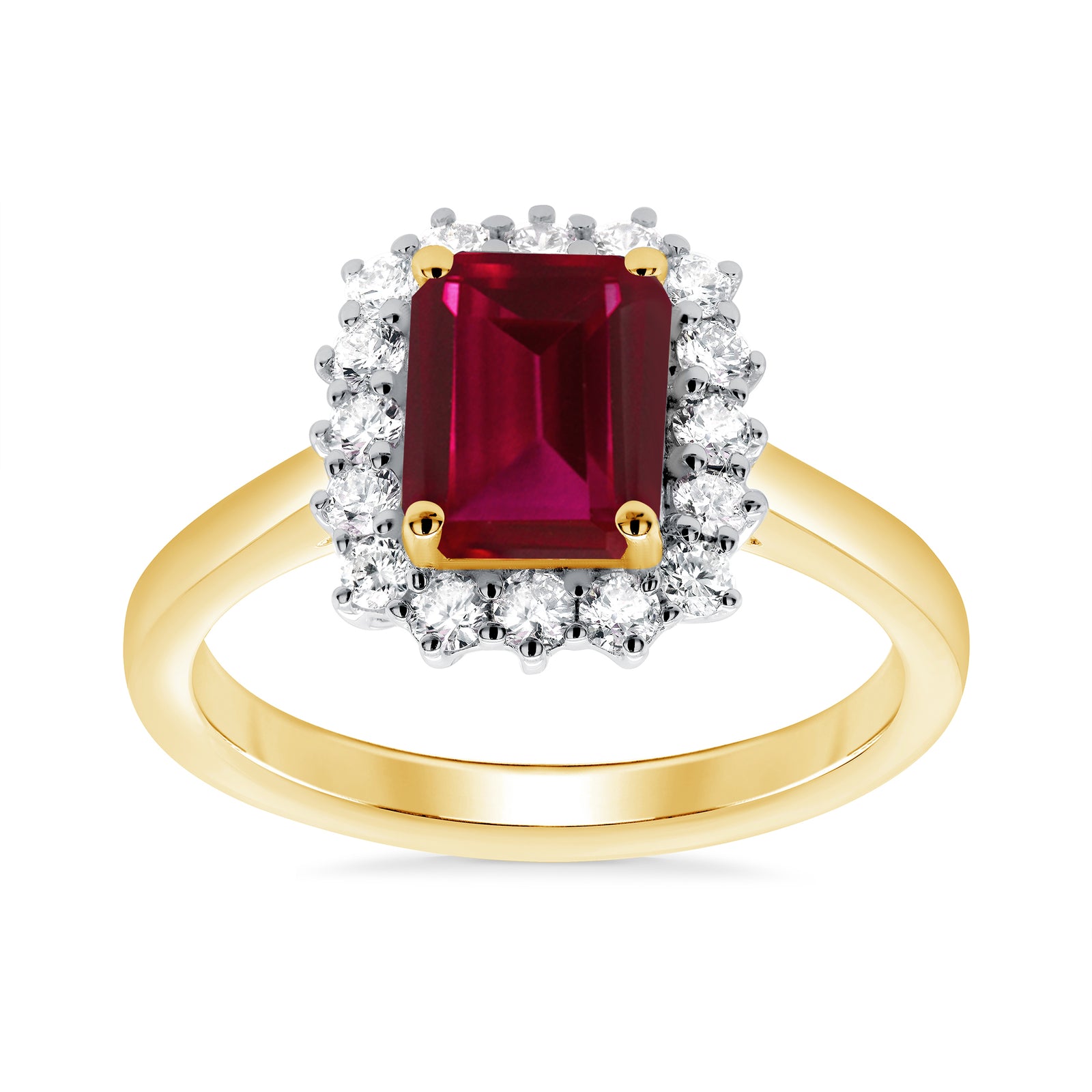 9ct gold 8x6 octagonal lab created ruby & E/VS diamond cluster ring 0.40cts LG