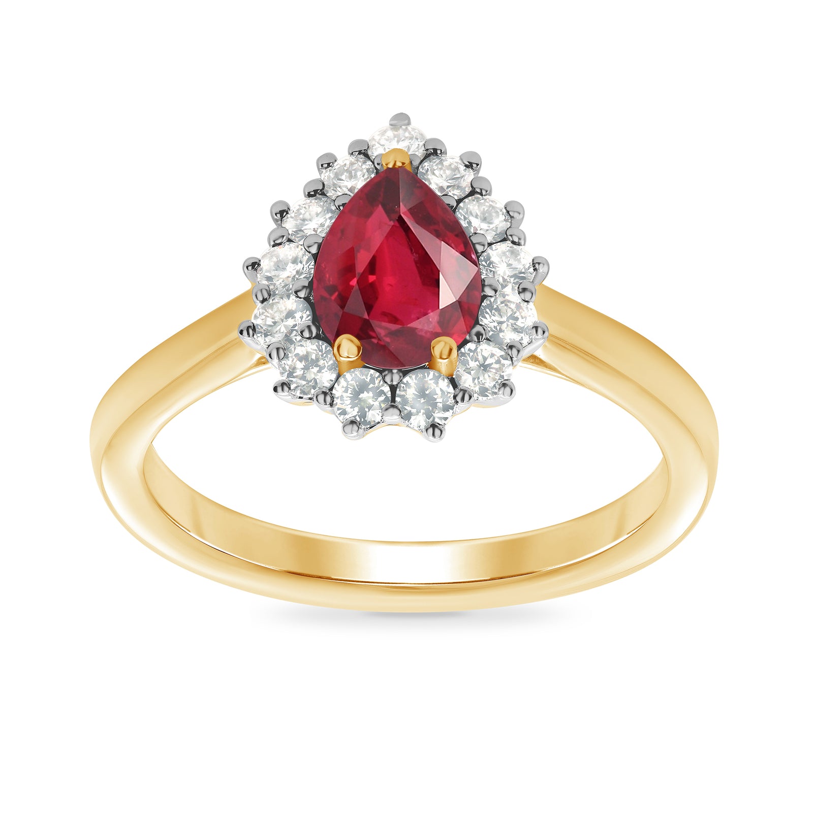 9ct gold 7x5 pear lab created ruby & E/VS diamond cluster ring 0.33cts LG
