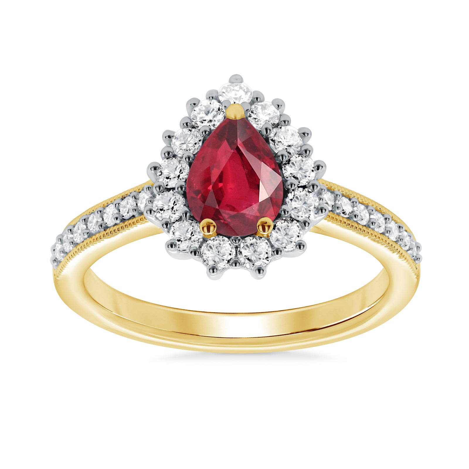 9ct gold 7x5 pear lab created ruby & E/VS diamond shoulders cluster ring 0.50cts LG