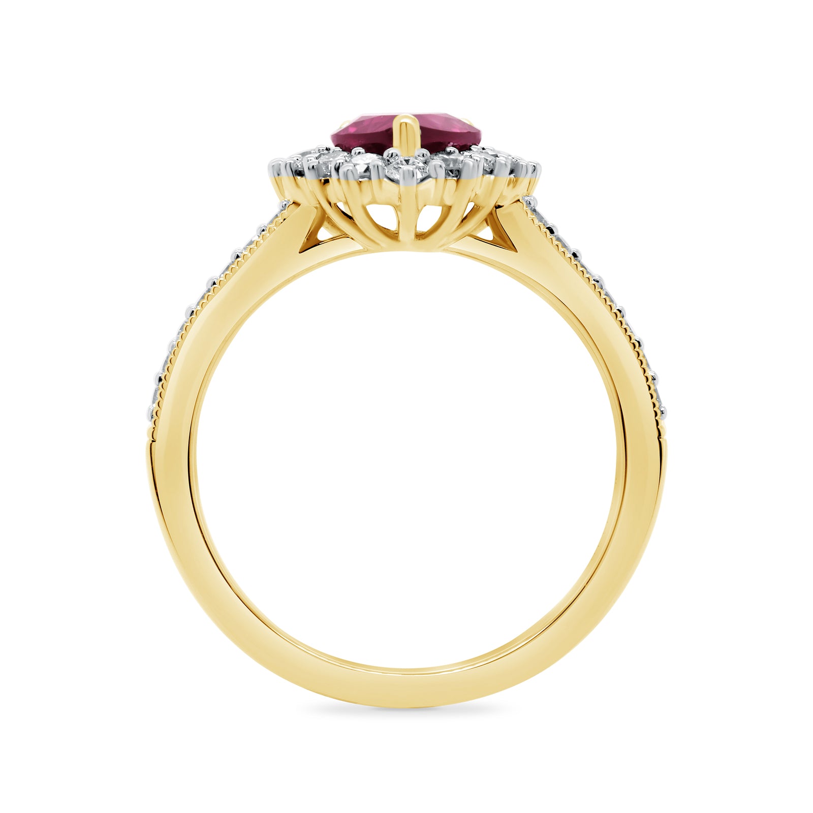 9ct gold 7x5 pear lab created ruby & E/VS diamond shoulders cluster ring 0.50cts LG