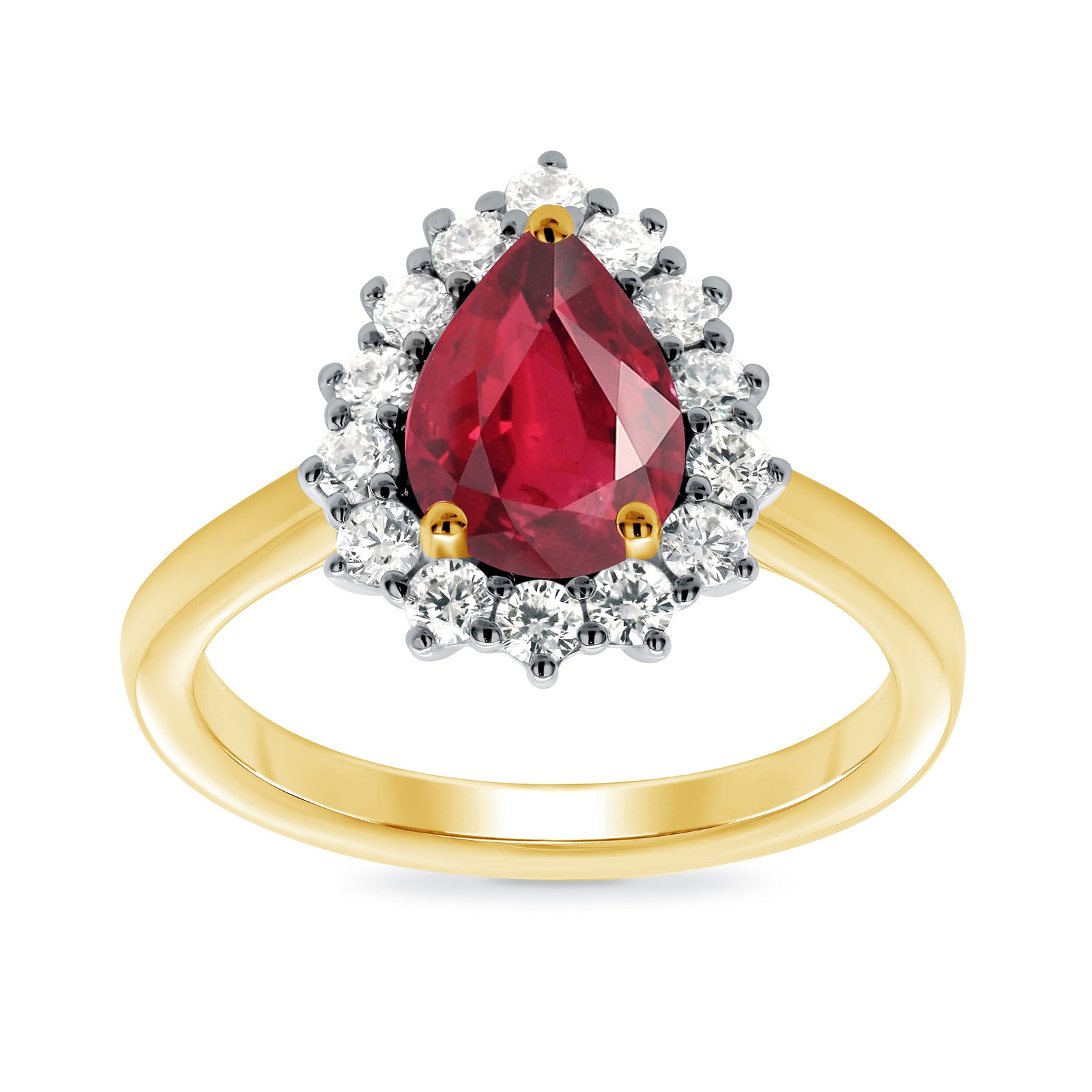 9ct gold 8x6 pear lab created ruby & E/VS diamond cluster ring 0.36cts LG