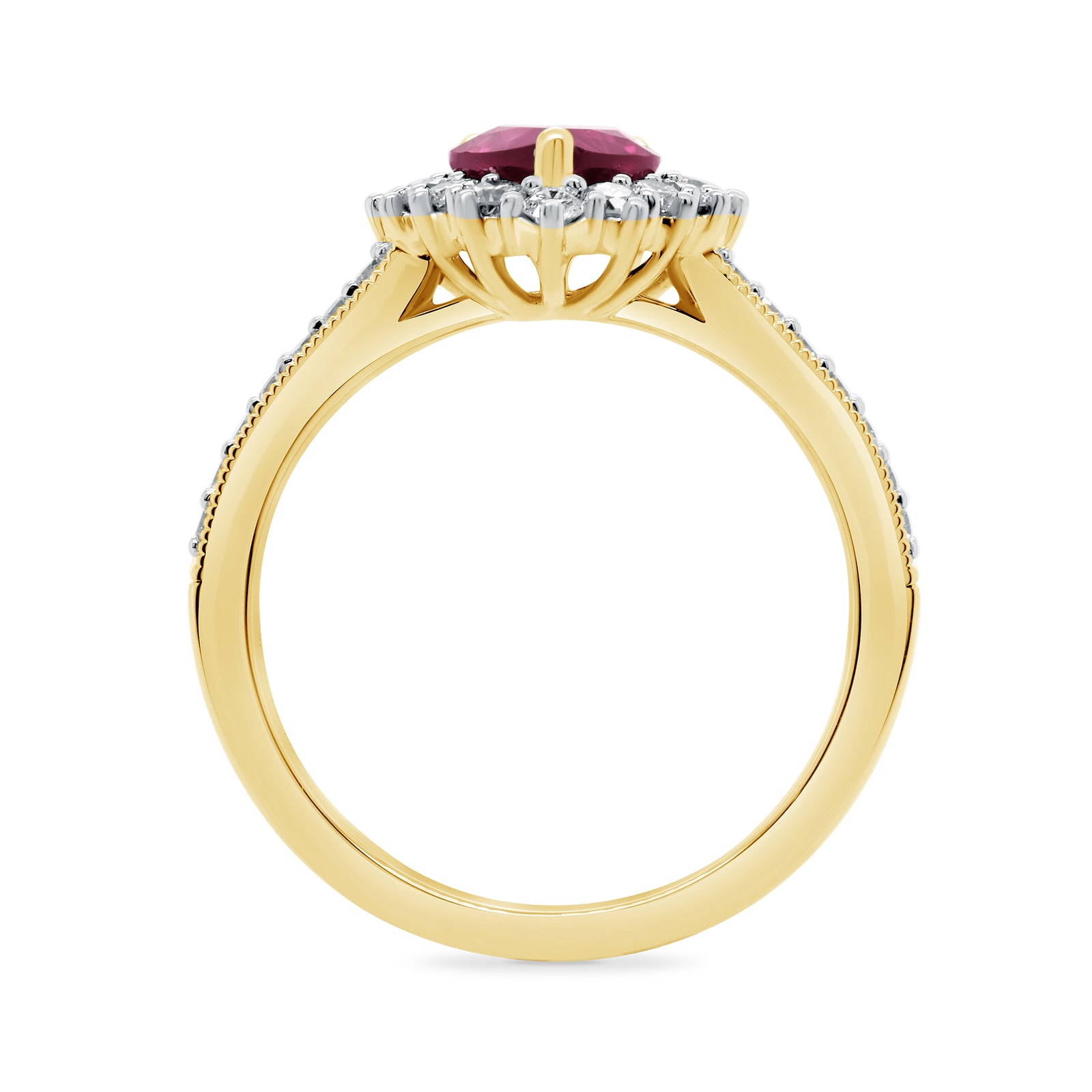 9ct gold 8x6 pear lab created ruby & E/VS diamond shoulders cluster ring 0.50cts LG