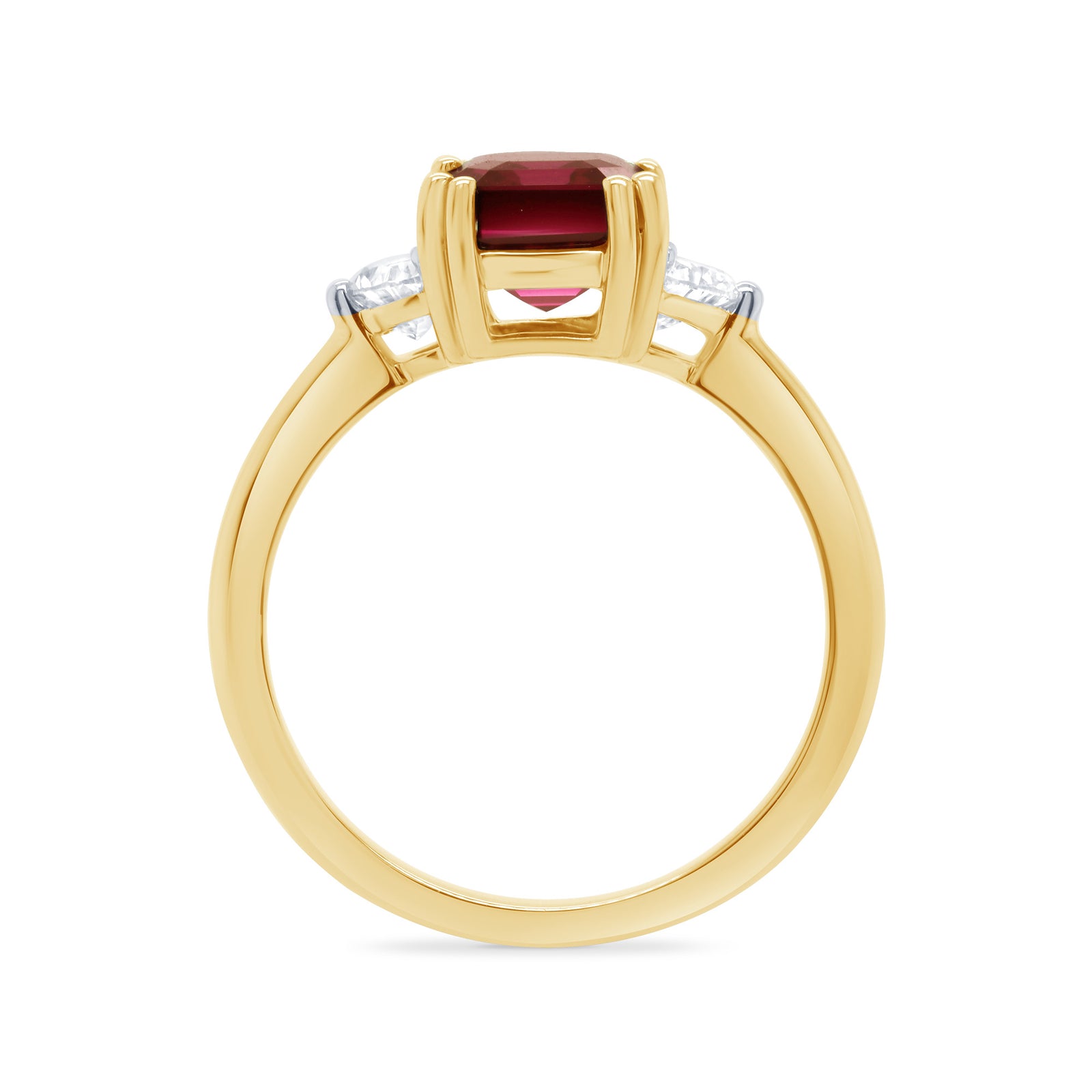9ct gold 8.5 x 6.3mm octagonal lab created ruby & E/VS half moon diamonds ring 0.60cts LG