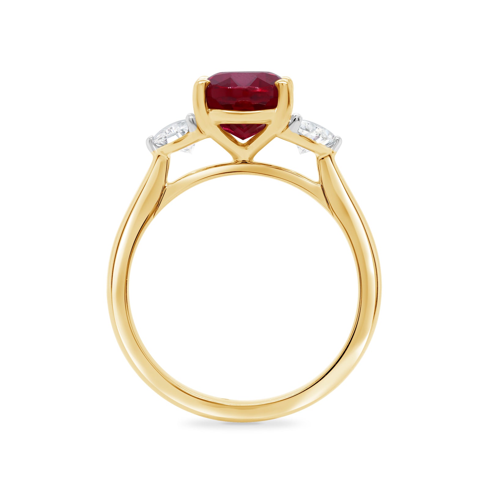 9ct gold 10.8 x 7.4mm oval lab created ruby & E/VS half moon diamonds ring 0.60cts LG