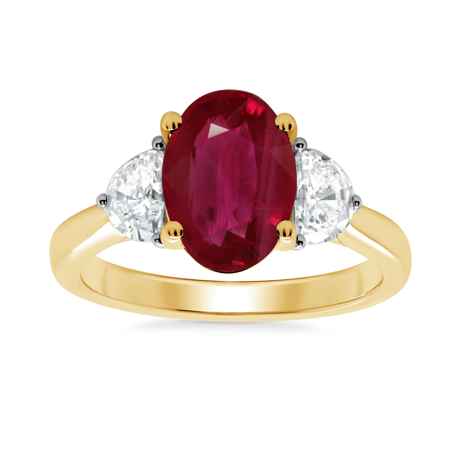 9ct gold 10.8 x 7.4mm oval lab created ruby & E/VS half moon diamonds ring 0.60cts LG