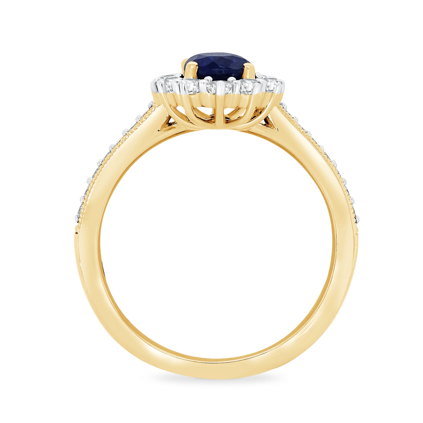 9ct gold 8x6 oval lab created sapphire & E/VS diamond shoulders cluster ring 0.50cts LG