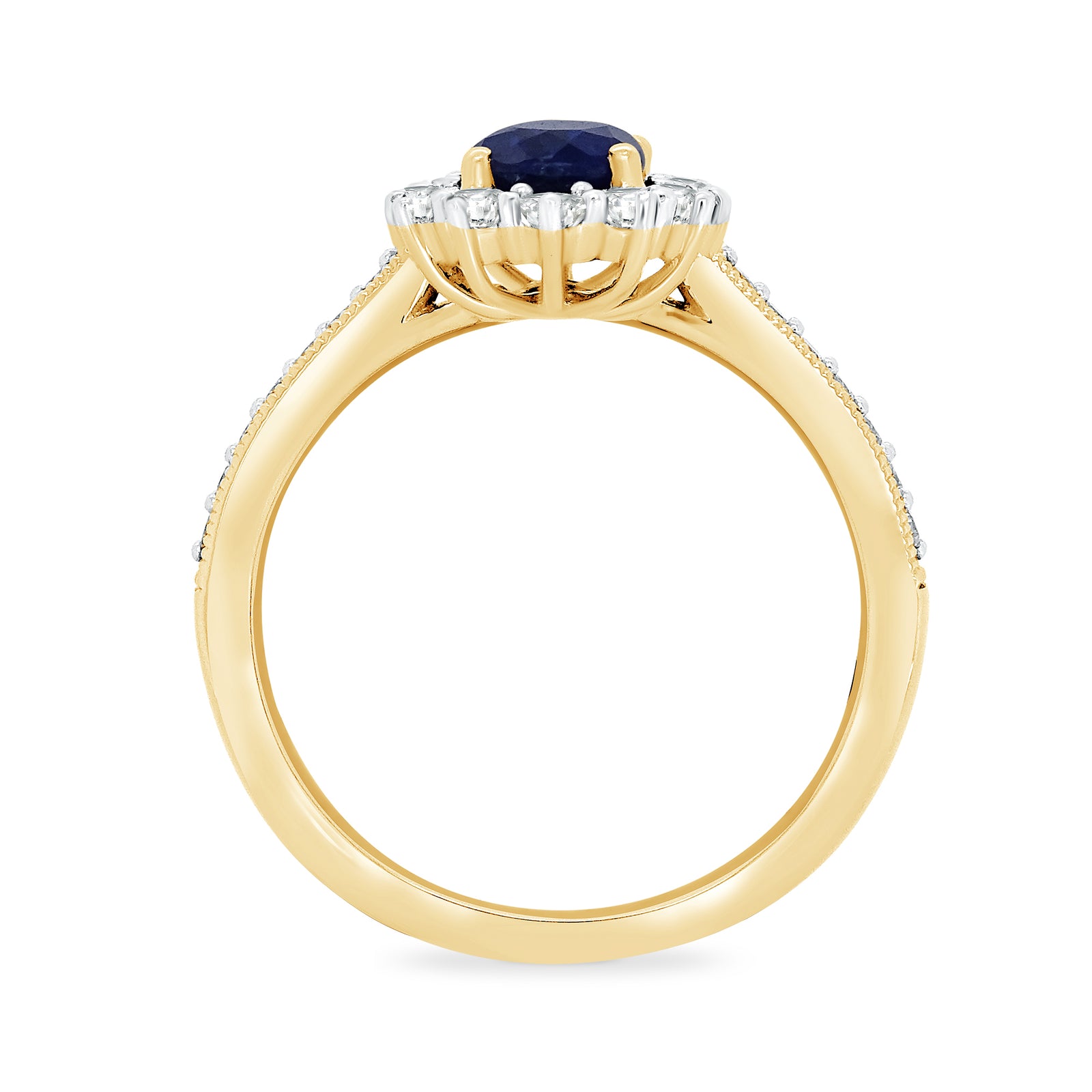 9ct gold 9x7 oval lab created sapphire & E/VS diamond shoulders cluster ring 0.50cts LG