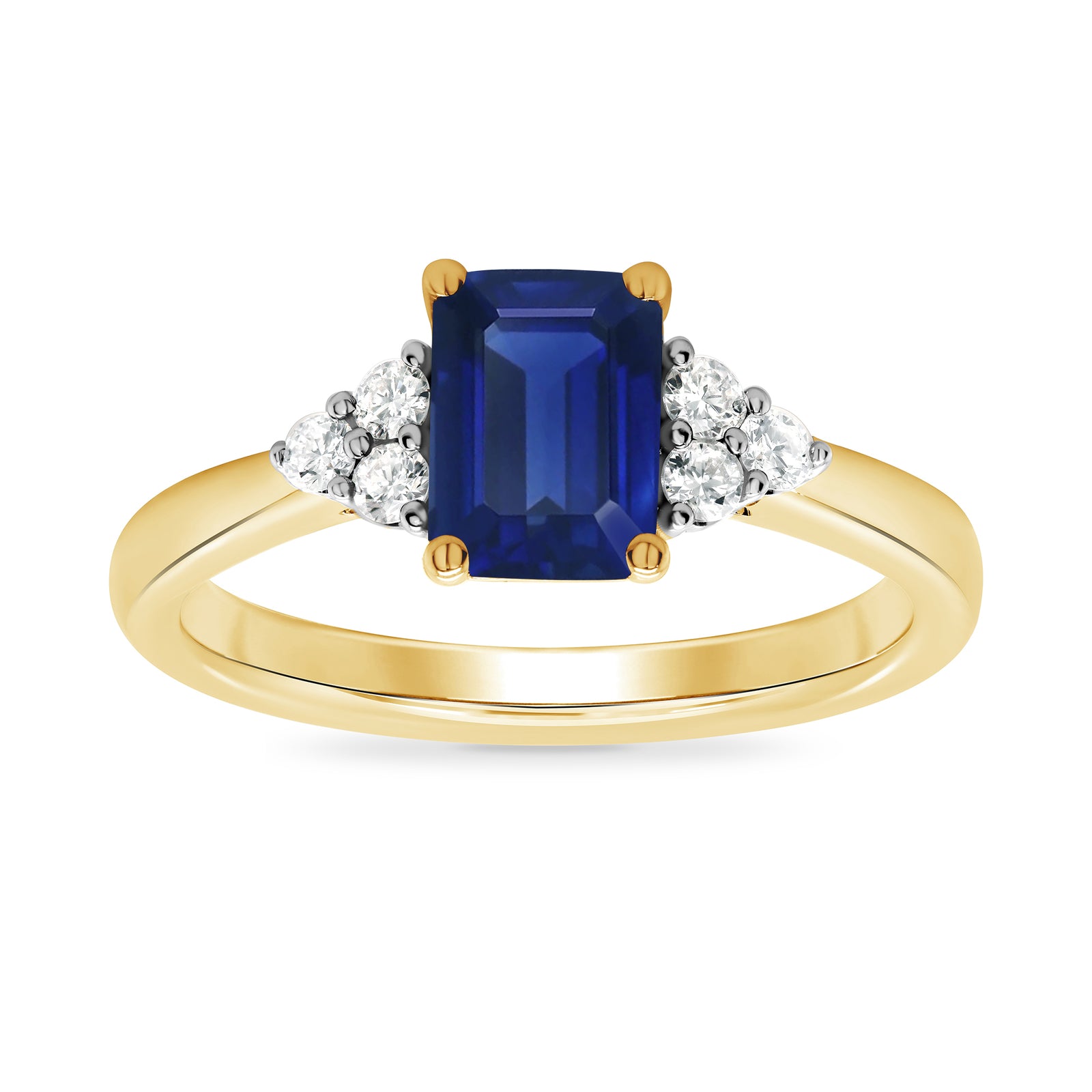 9ct gold 7x5 octagonal lab created sapphire & 3 E/VS diamonds each side ring 0.15cts LG