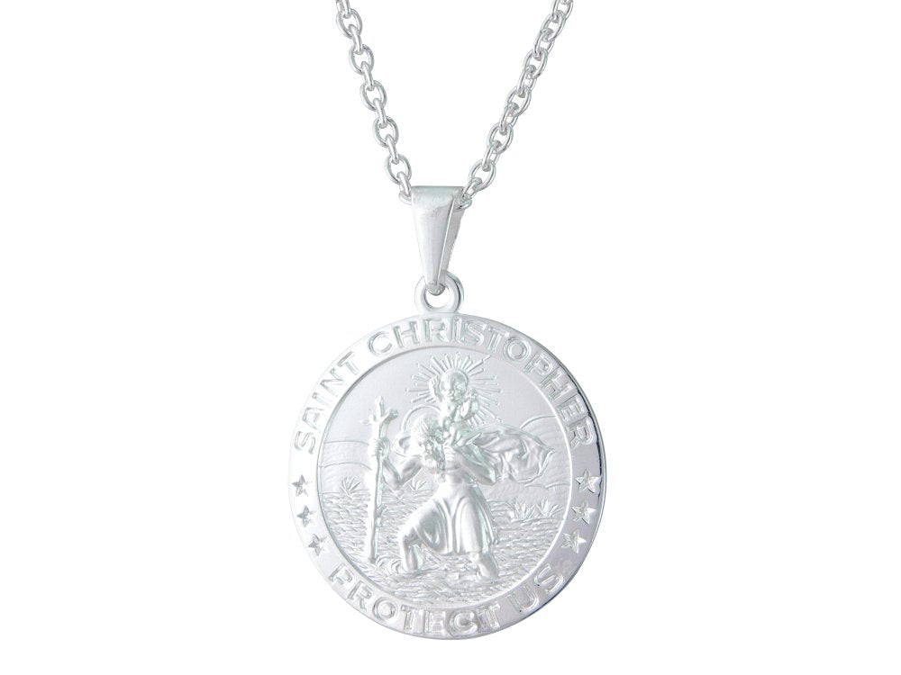 Silver 27mm round St. Christopher &amp; 20&quot; chain