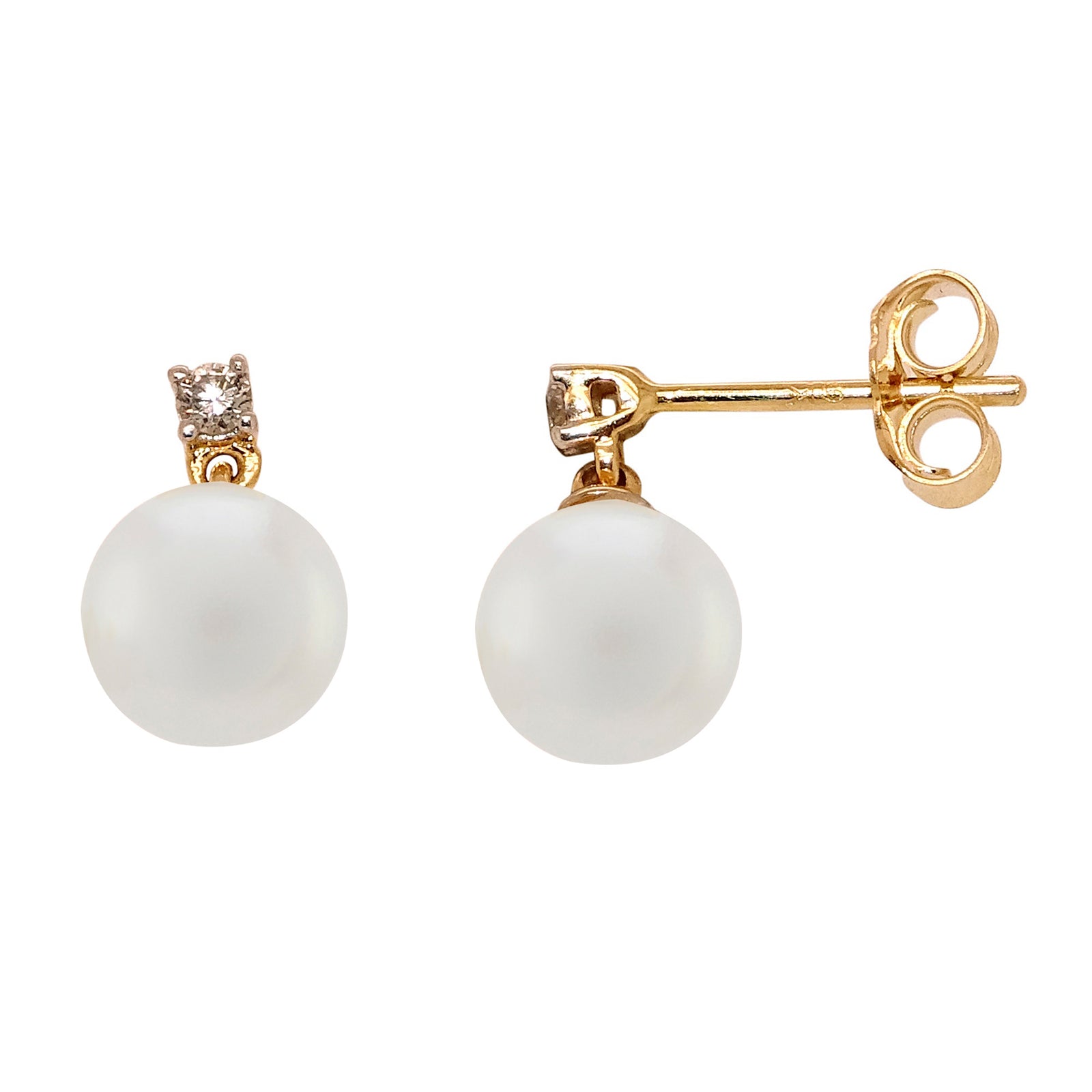9ct 7mm cultured pearl & rub over set diamond drop earrings 0.08ct