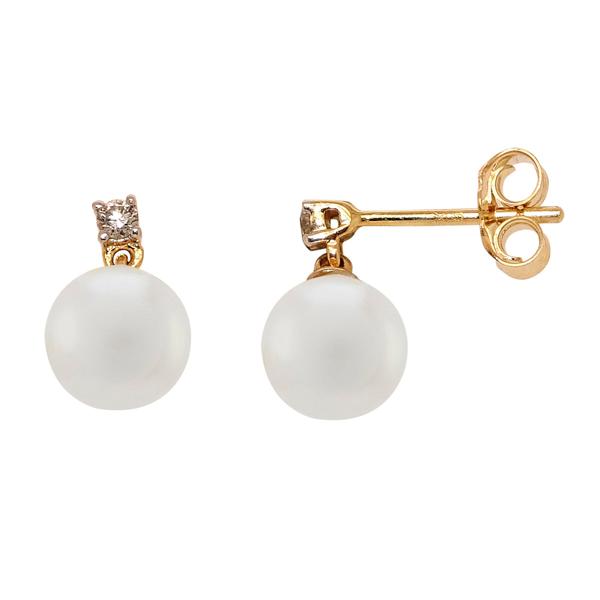 9ct 7mm cultured pearl &amp; rub over set diamond drop earrings 0.08ct