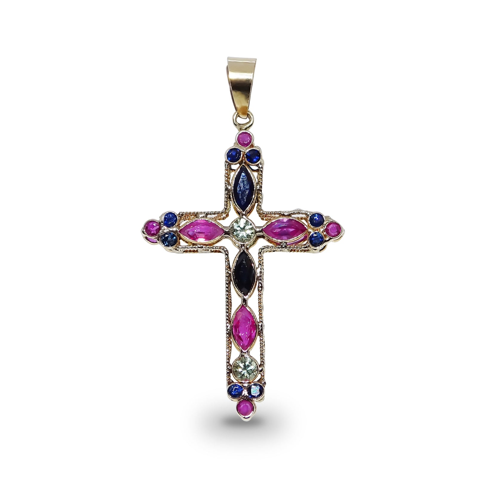 9ct gold double-sided 30mm (exc. bale) mixed ruby & sapphire cross