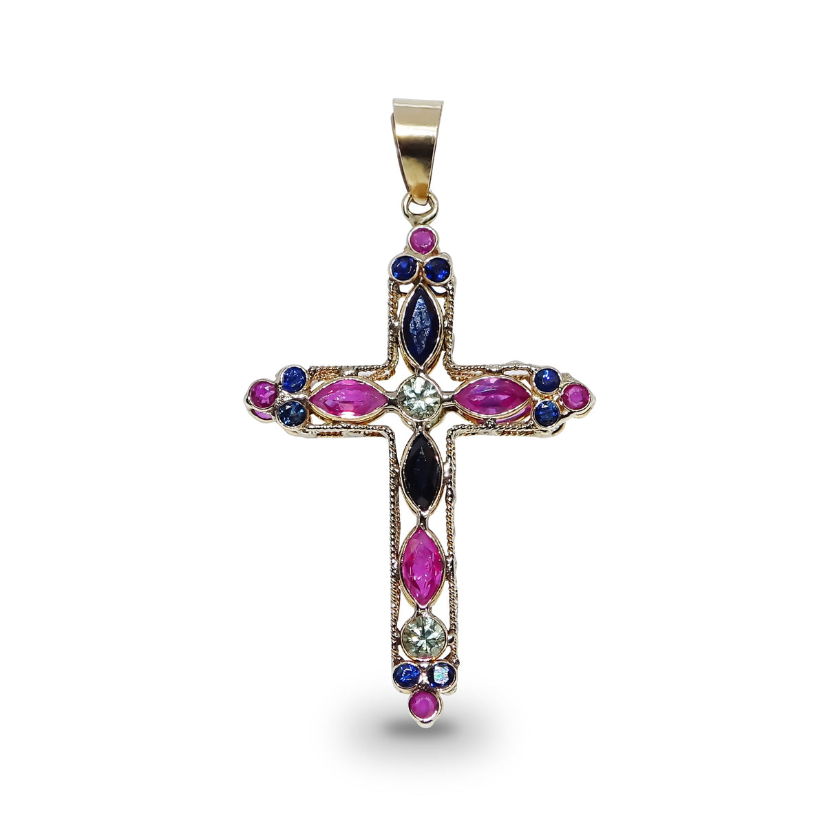 9ct gold double-sided 30mm (exc. bale) mixed ruby &amp; sapphire cross