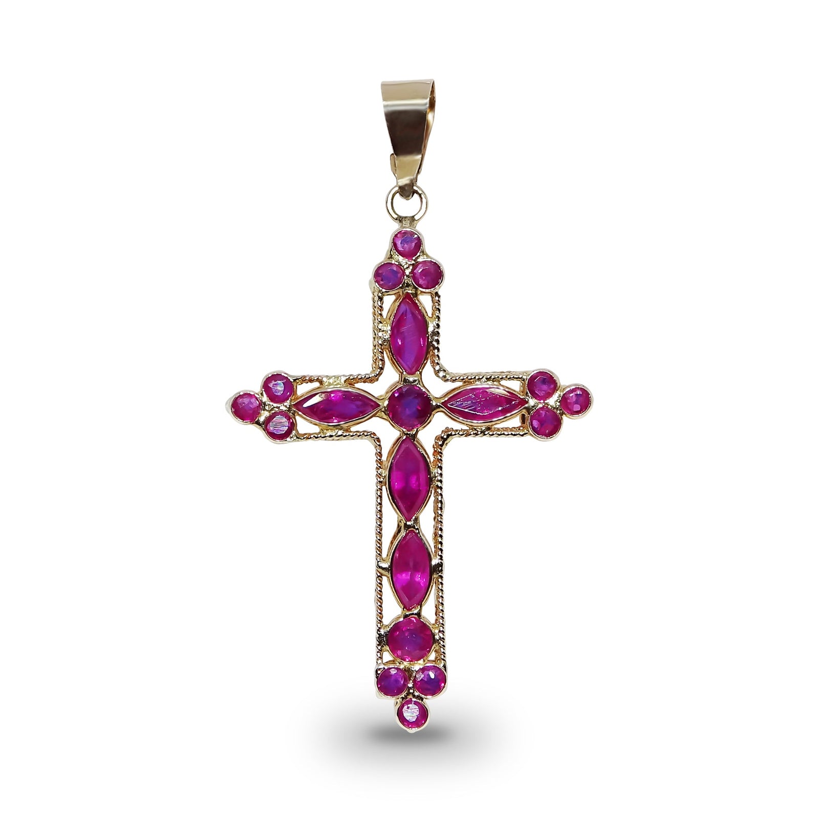 9ct gold double-sided 30mm (exc. bale) ruby & sapphire cross