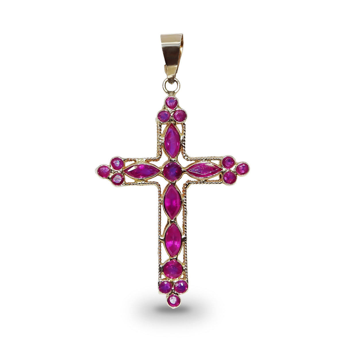 9ct gold double-sided 30mm (exc. bale) ruby &amp; sapphire cross
