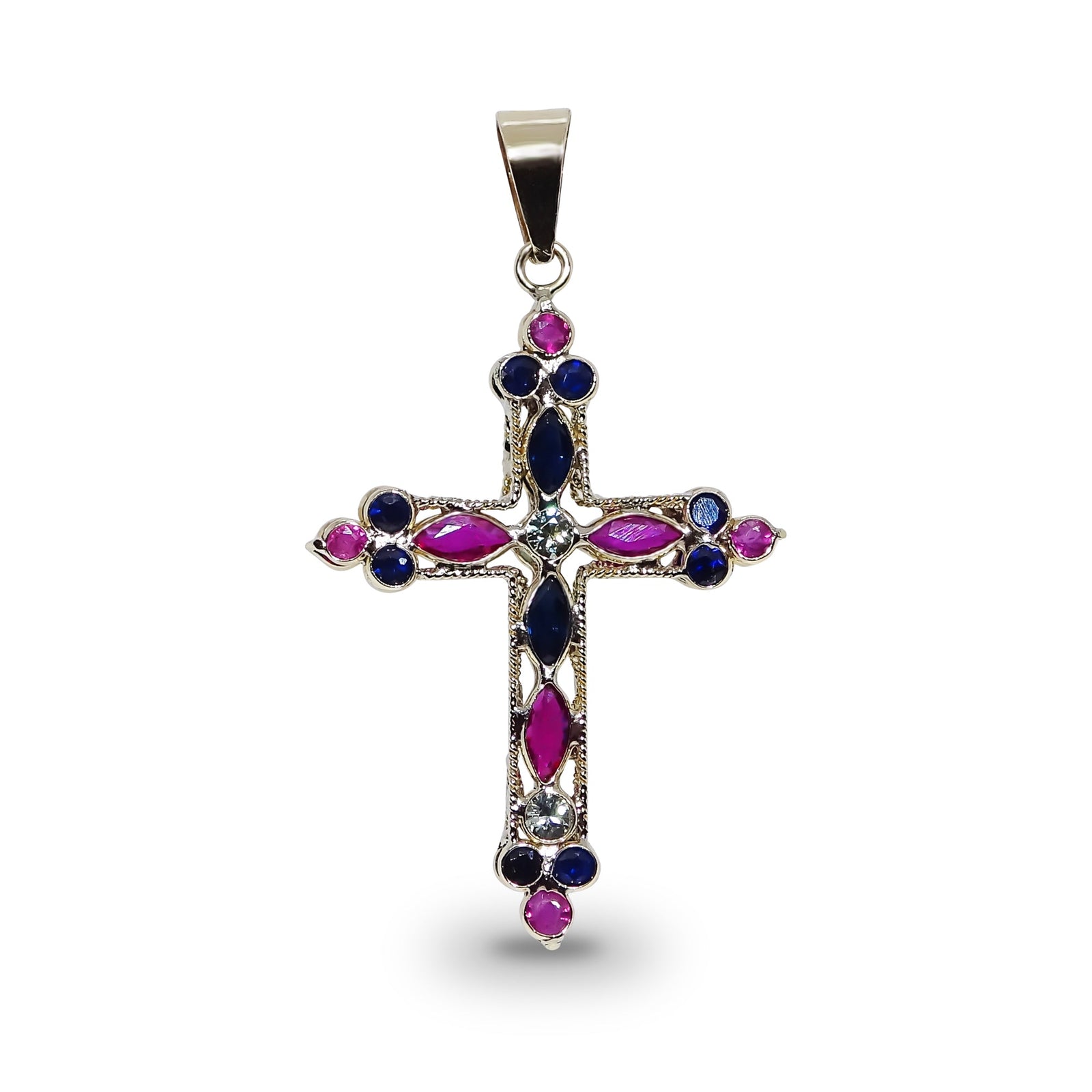 9ct gold double-sided 26mm (exc. bale) mixed ruby & sapphire cross