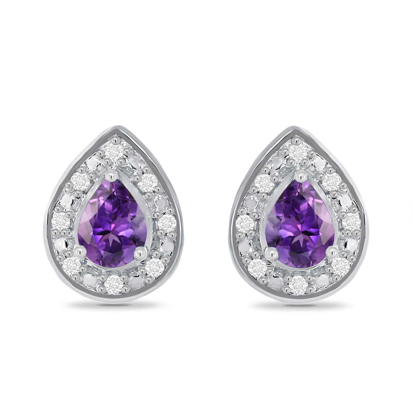 9ct white gold 4x3mm pear shape amethyst & diamond cluster studs 0.05ct