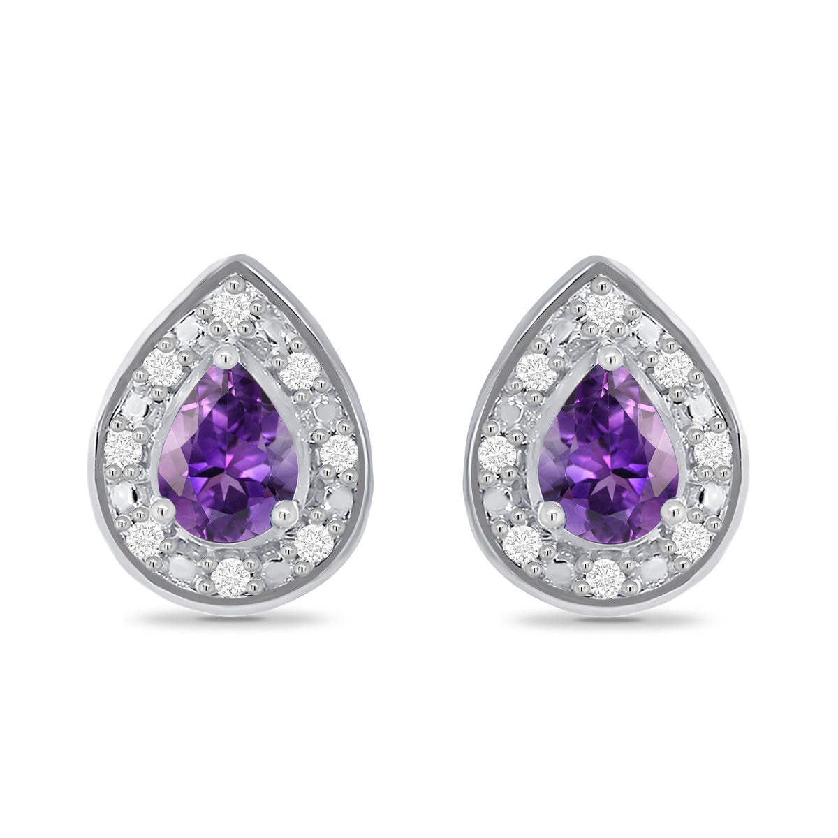 9ct white gold 4x3mm pear shape amethyst &amp; diamond cluster studs 0.05ct