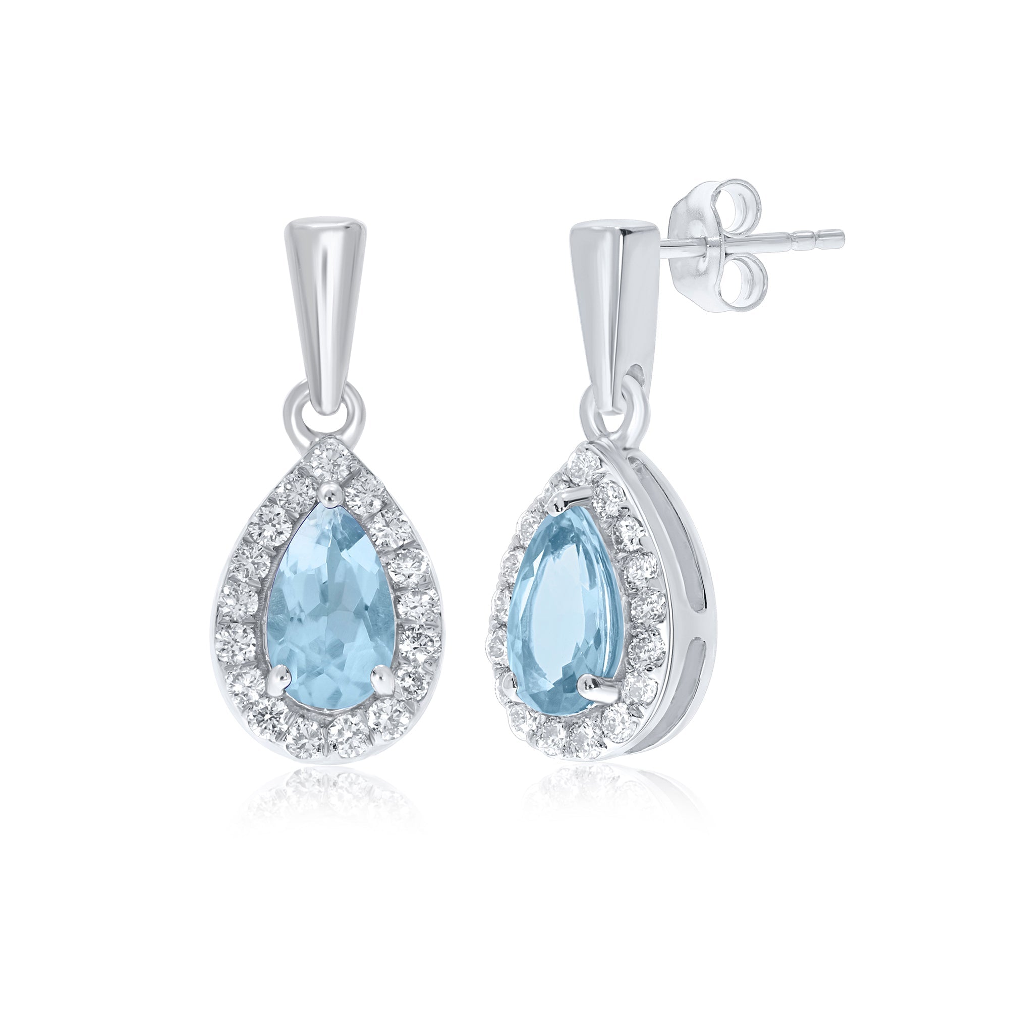 9ct white gold 5x3mm pear shape aquamarine & diamond cluster drop earrings 0.11ct