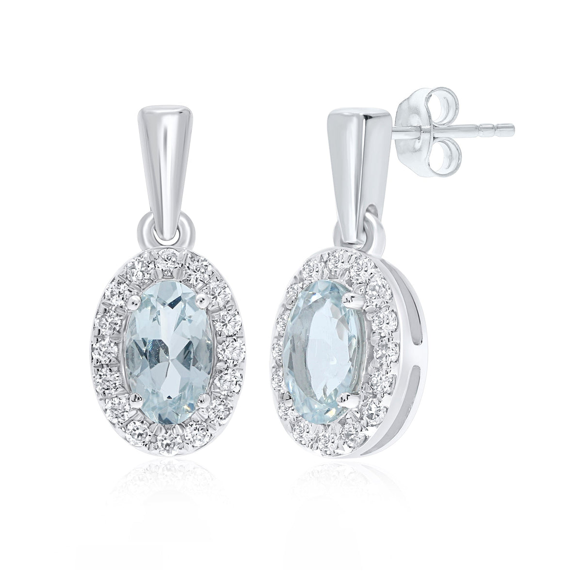 9ct white gold 5x3mm oval aquamarine &amp; diamond cluster drop earrings 0.14ct