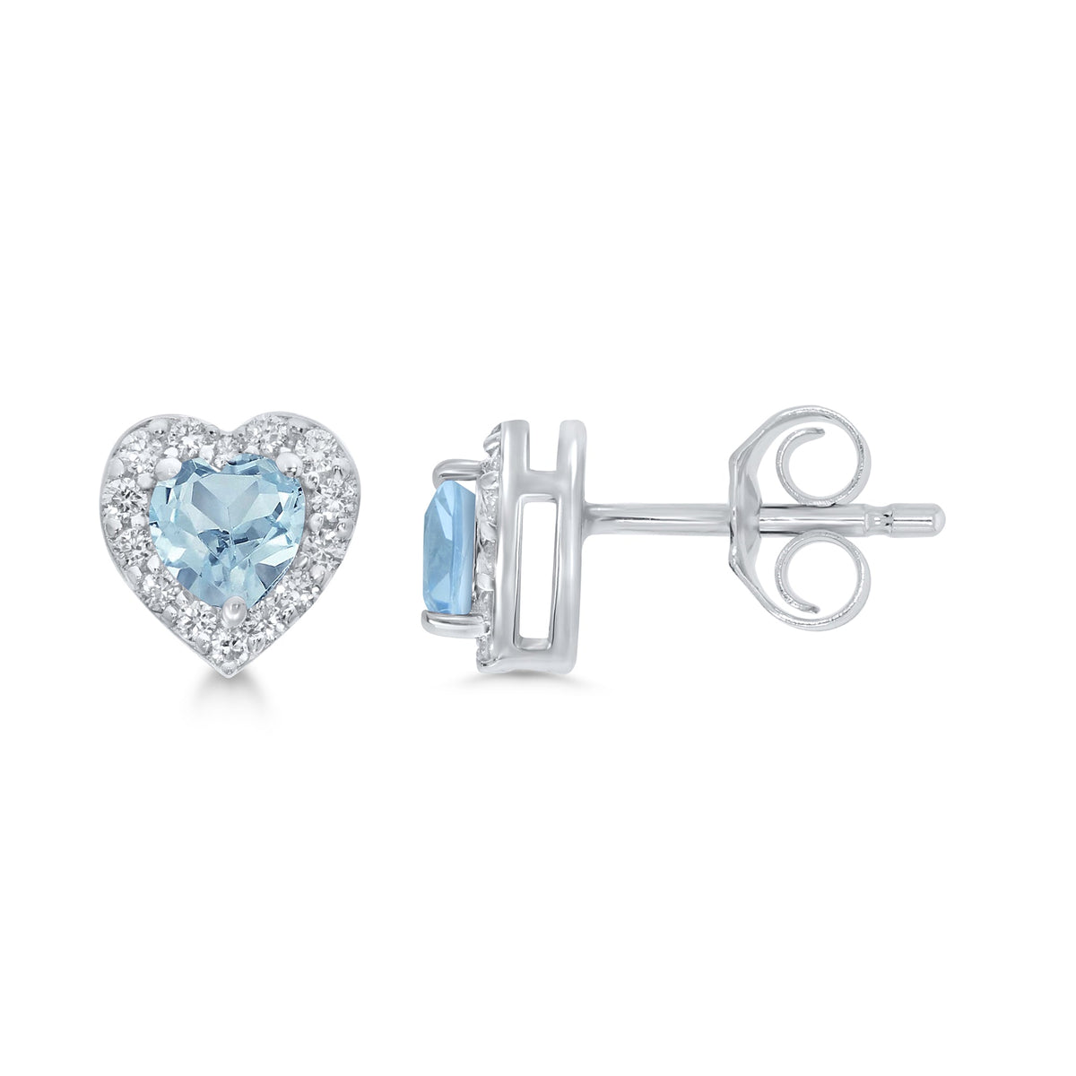 9ct white gold 4mm heart shape aquamarine &amp; diamond cluster stud earrings 0.16ct