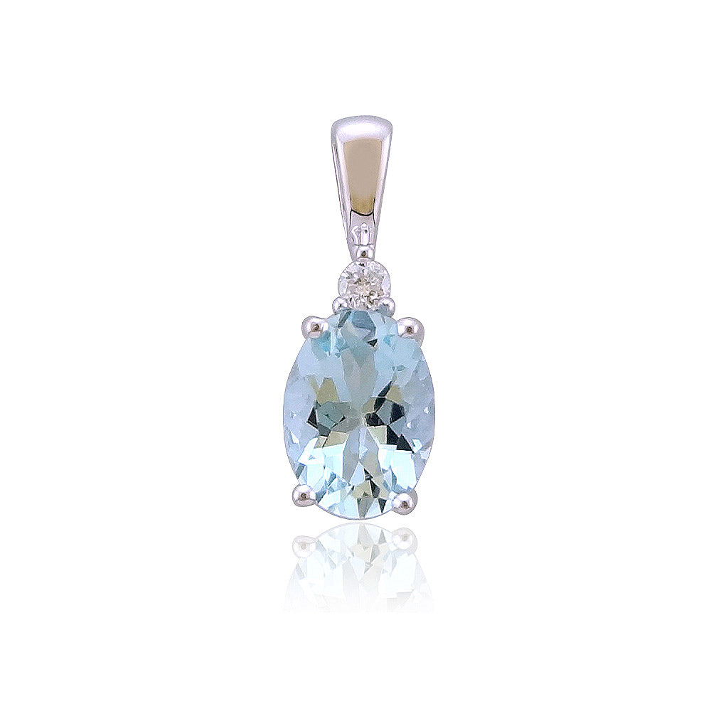 9ct white gold 7x5mm oval aquamarine & diamond pendant 0.02ct