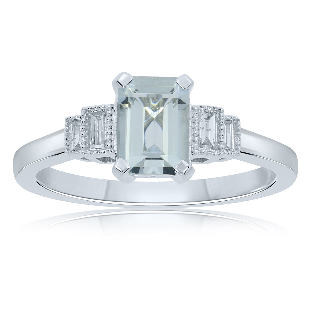 9ct white gold 7x5mm octagon cut aquamarine &amp; stepped diamond shoulders ring 0.11ct