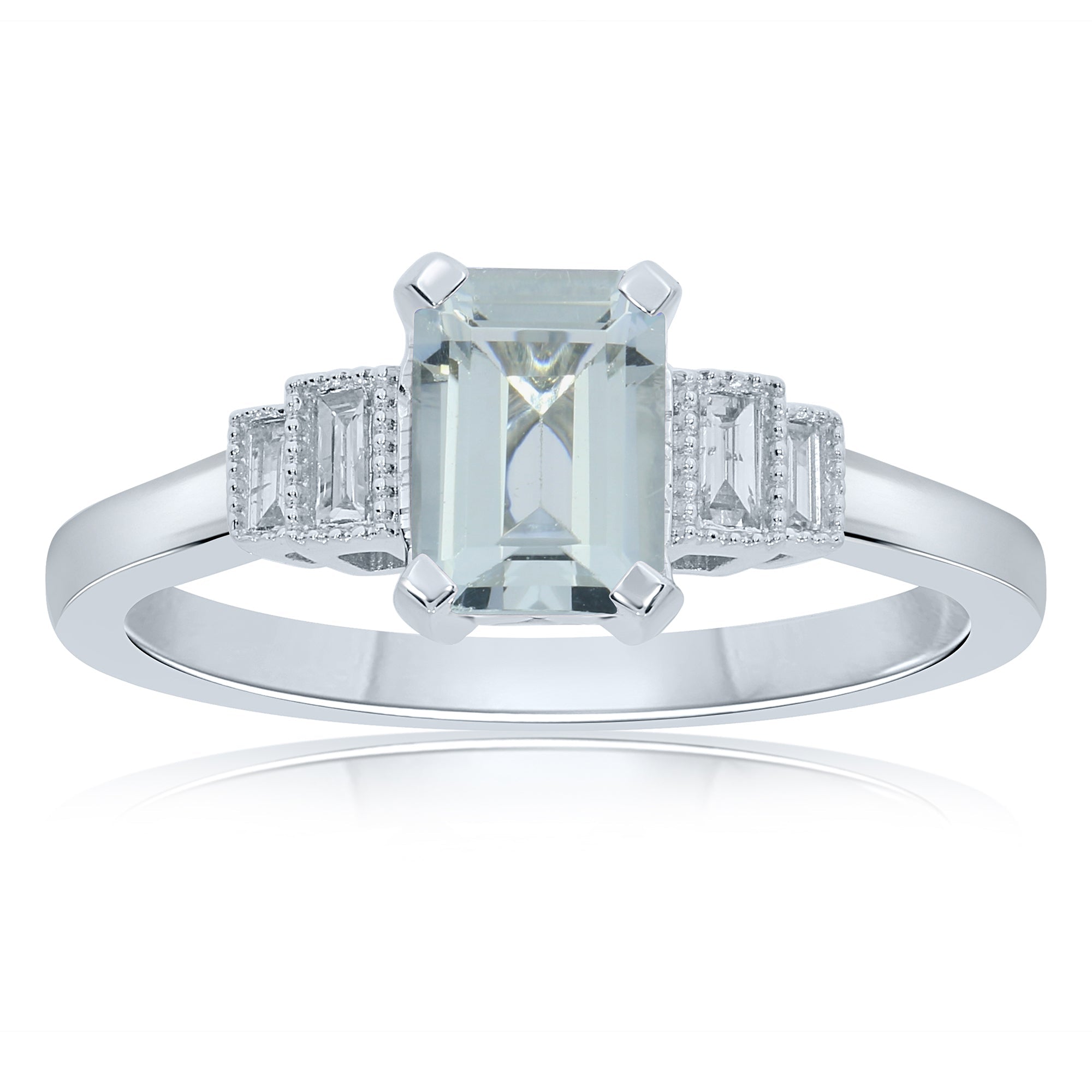 9ct white gold 7x5mm octagon cut aquamarine & stepped diamond shoulders ring 0.11ct