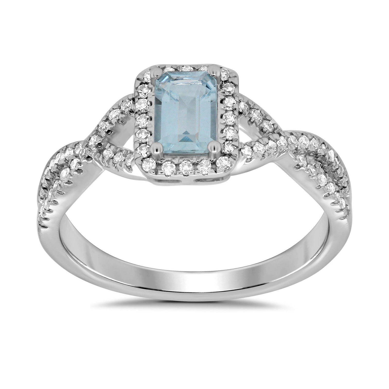 9ct white gold 6x4mm octagon cut aquamarine & diamond set crossover shank cluster ring 0.21ct