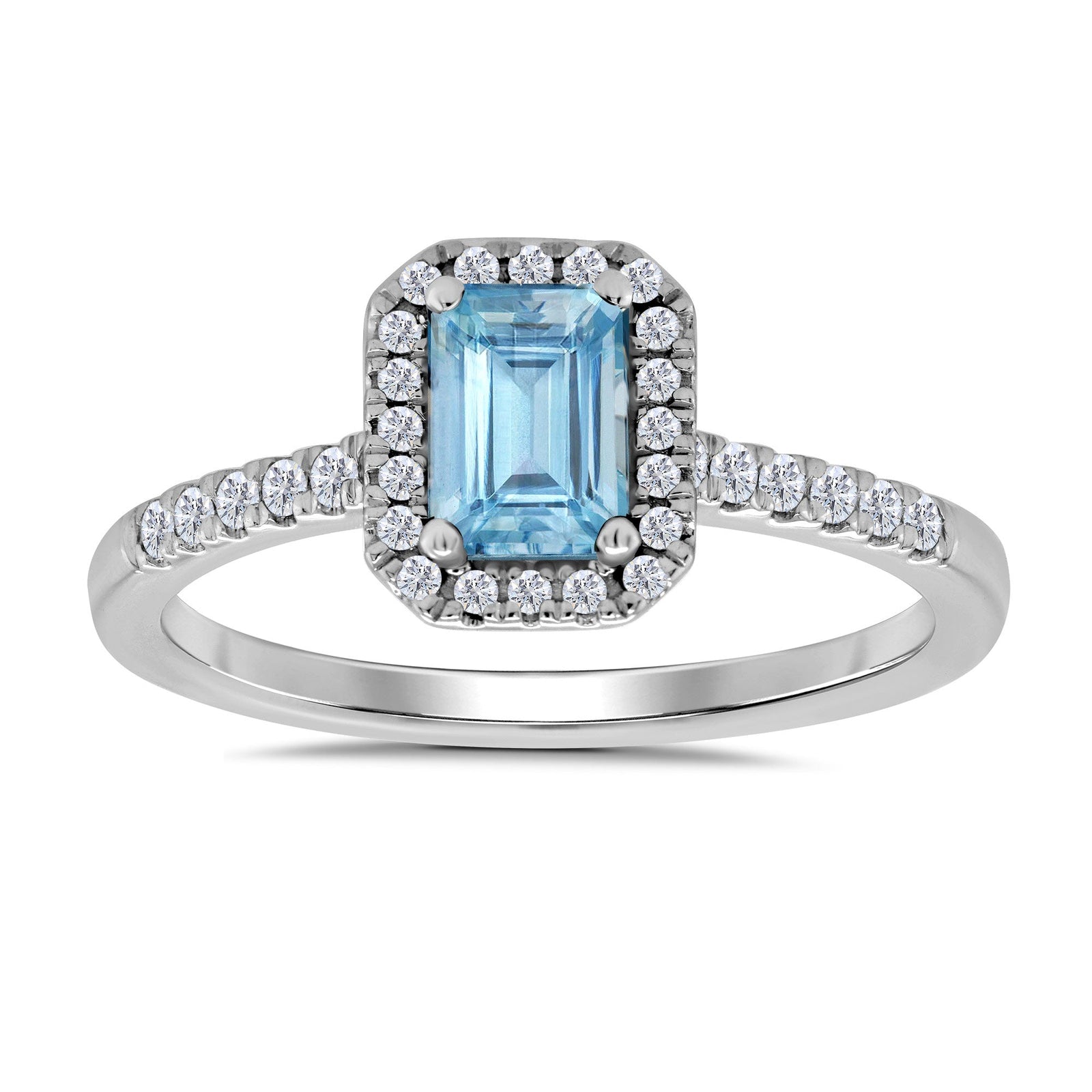 9ct white gold 6x4mm octagon cut aquamarine & diamond cluster ring with diamond shoulders 0.20ct