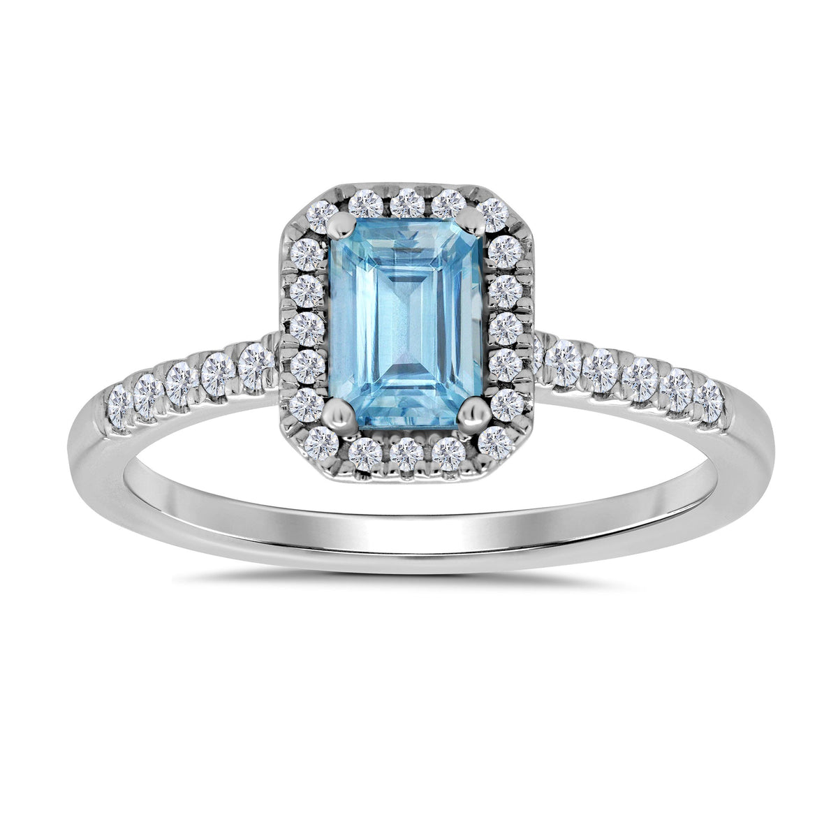 9ct white gold 6x4mm octagon cut aquamarine &amp; diamond cluster ring with diamond shoulders 0.20ct