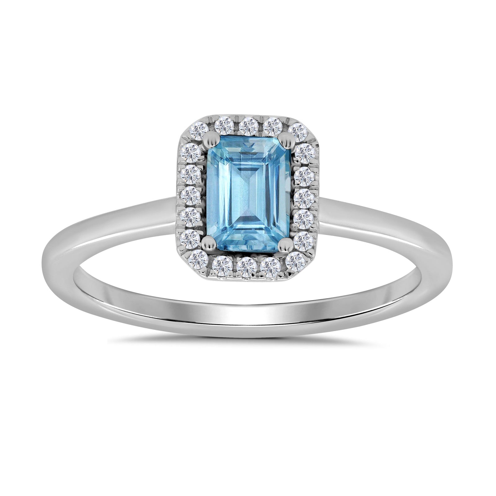 9ct white gold 6x4mm octagon cut aquamarine & diamond cluster ring 0.10ct